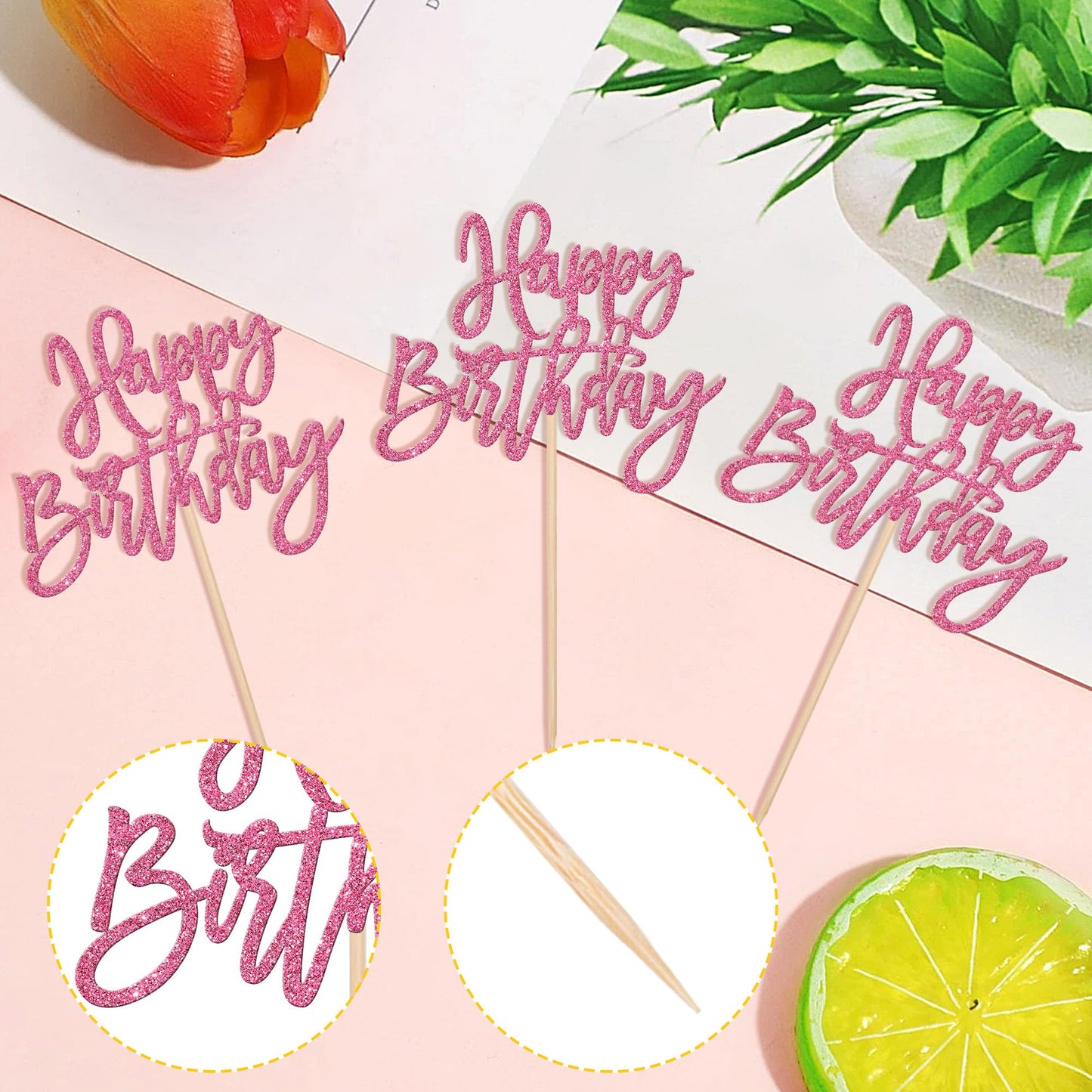 ZHUOWEISM 24-Pcs Glitter Cupcake Toppers – Happy Birthday & Anniversary Picks – Pink