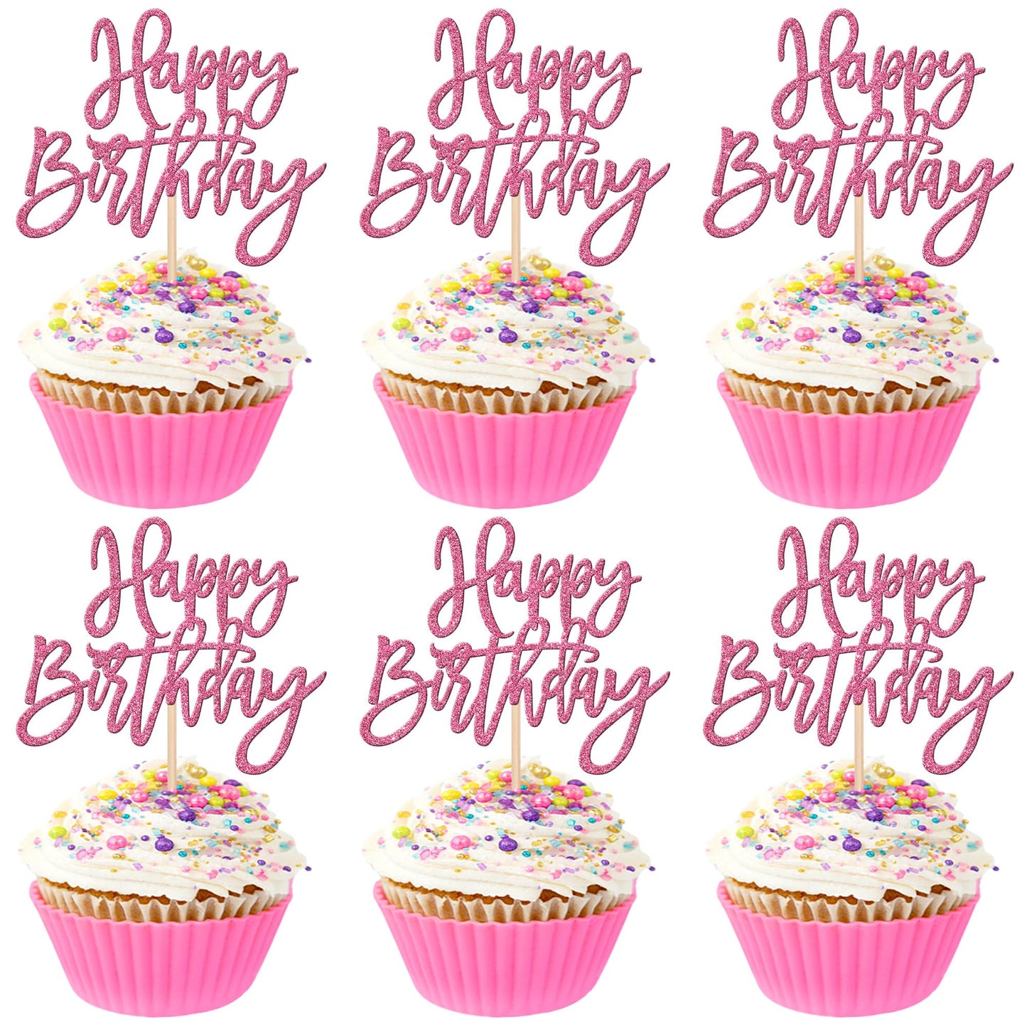 ZHUOWEISM 24-Pcs Glitter Cupcake Toppers – Happy Birthday & Anniversary Picks – Pink