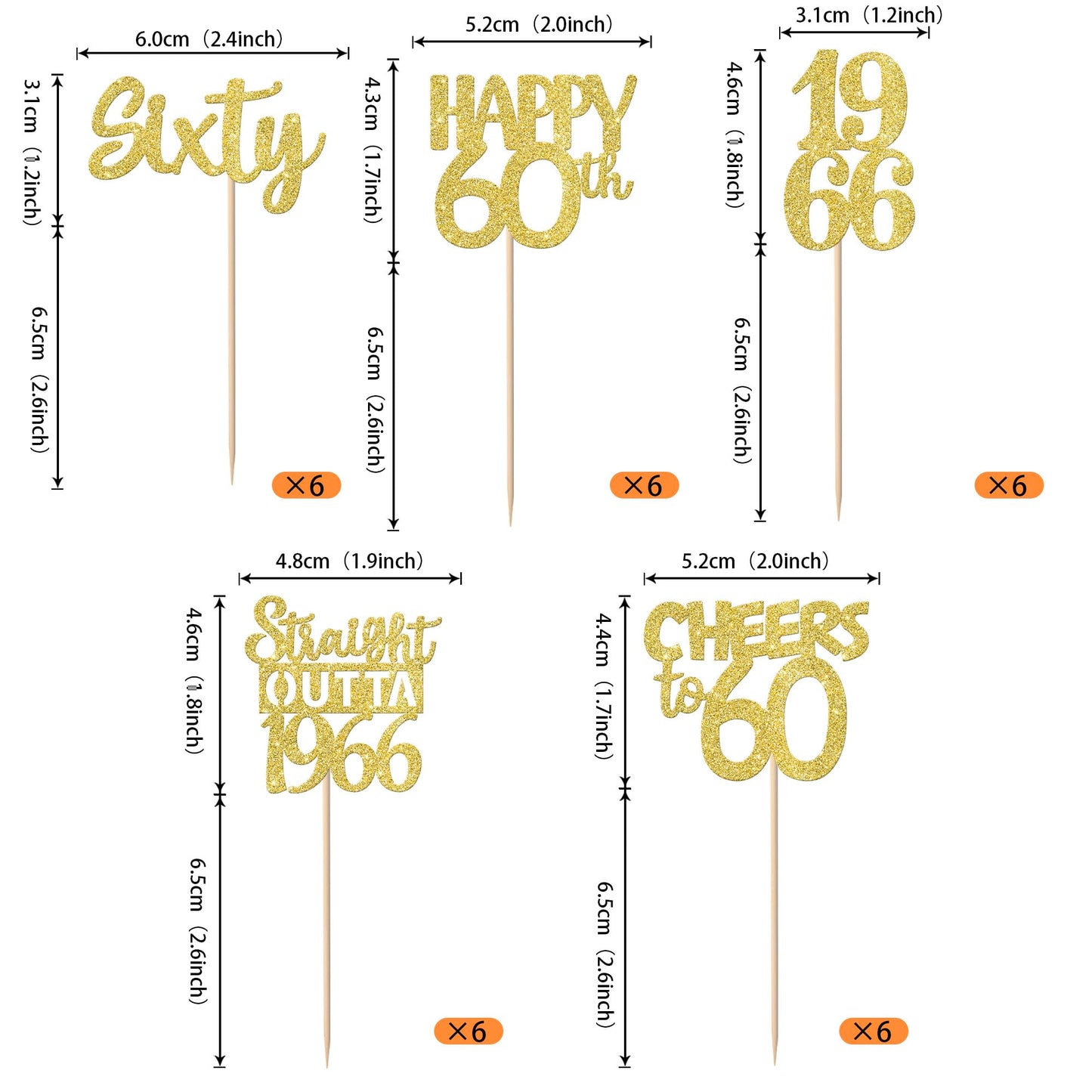 Zhuoweism 30Pcs Gold Glitter 1966 Cupcake Toppers for 60th Birthday Parties