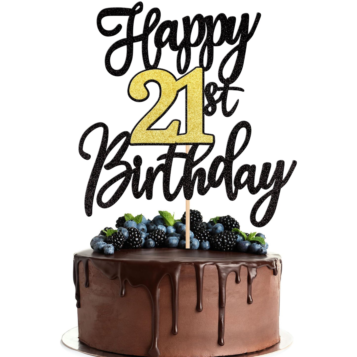 ZHUOWEISM 1 PCS Happy 21st Birthday Cake Topper – Black Gold Glitter, Cheers to 21 Years