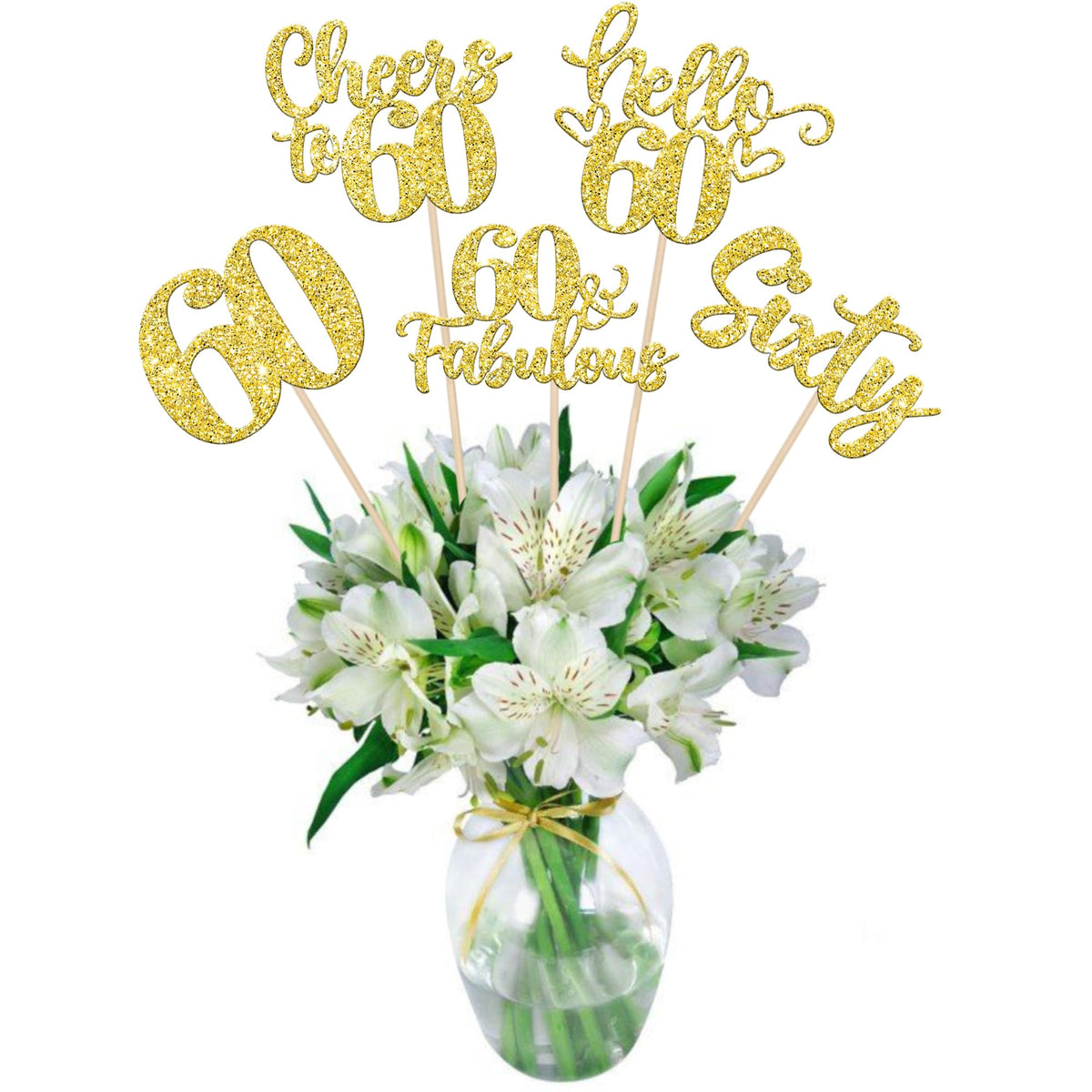 ZHUOWEISM 15Pcs Happy 60th Birthday Centerpiece Sticks – Gold Glitter Floral Decor