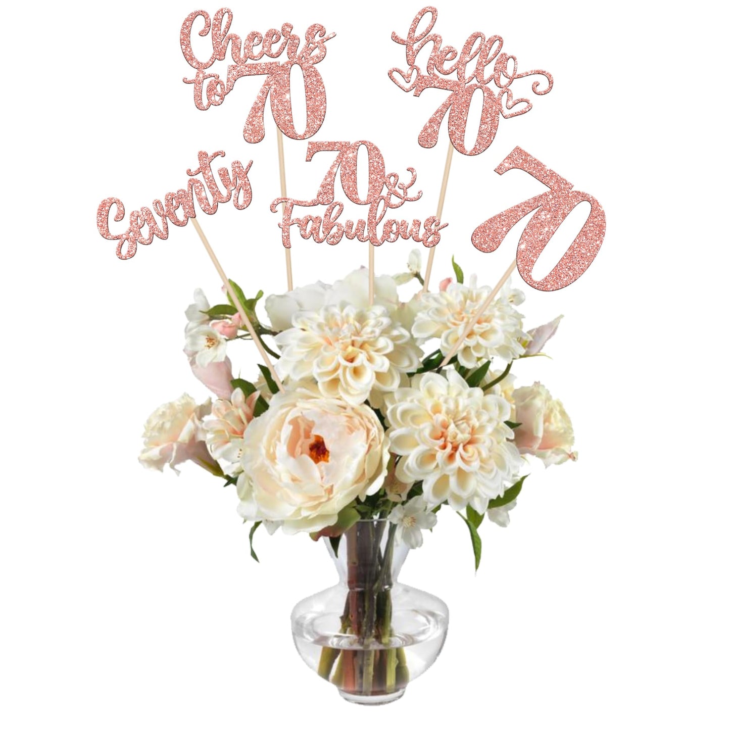 ZHUOWEISM 15-Pack Happy 70th Birthday Centerpiece Sticks – Rose Gold Glitter, 70th Birthday Table Decor