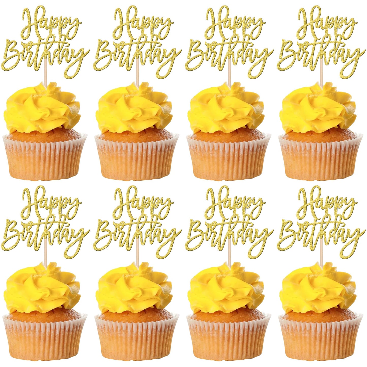 ZHUOWEISM 24 Pcs Happy Birthday Cupcake Toppers Glitter Picks, Gold — Anniversary & Party Cake Decorations