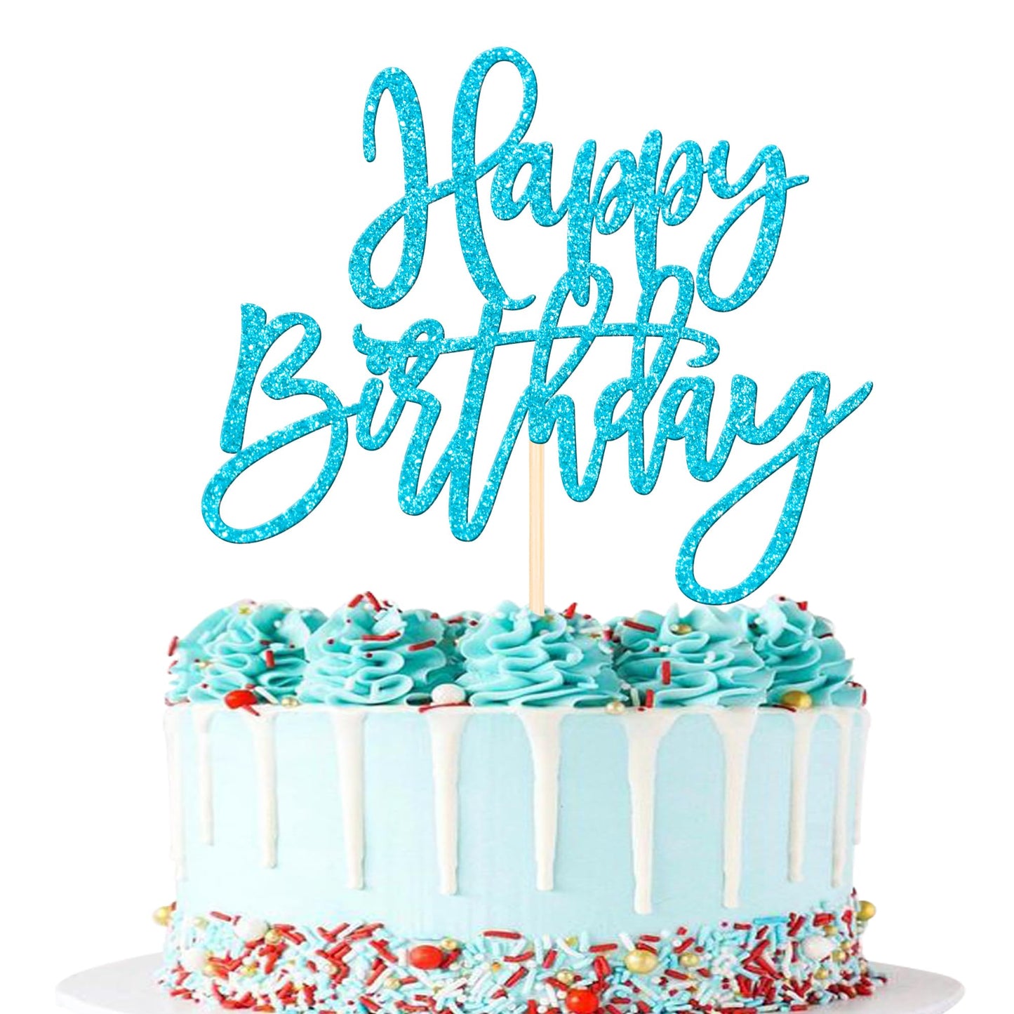 ZHUOWEISM 1 PC Glitter Happy Birthday Cake Topper – Light Blue