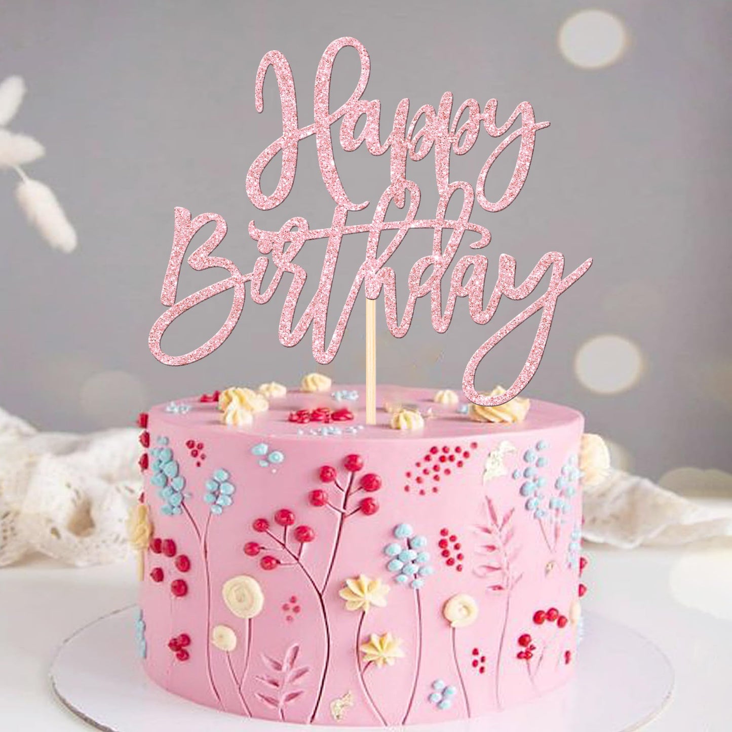 ZHUOWEISM 1-Pcs Happy Birthday Glitter Cake Topper - Light Pink, Ready-to-Use Party Decor