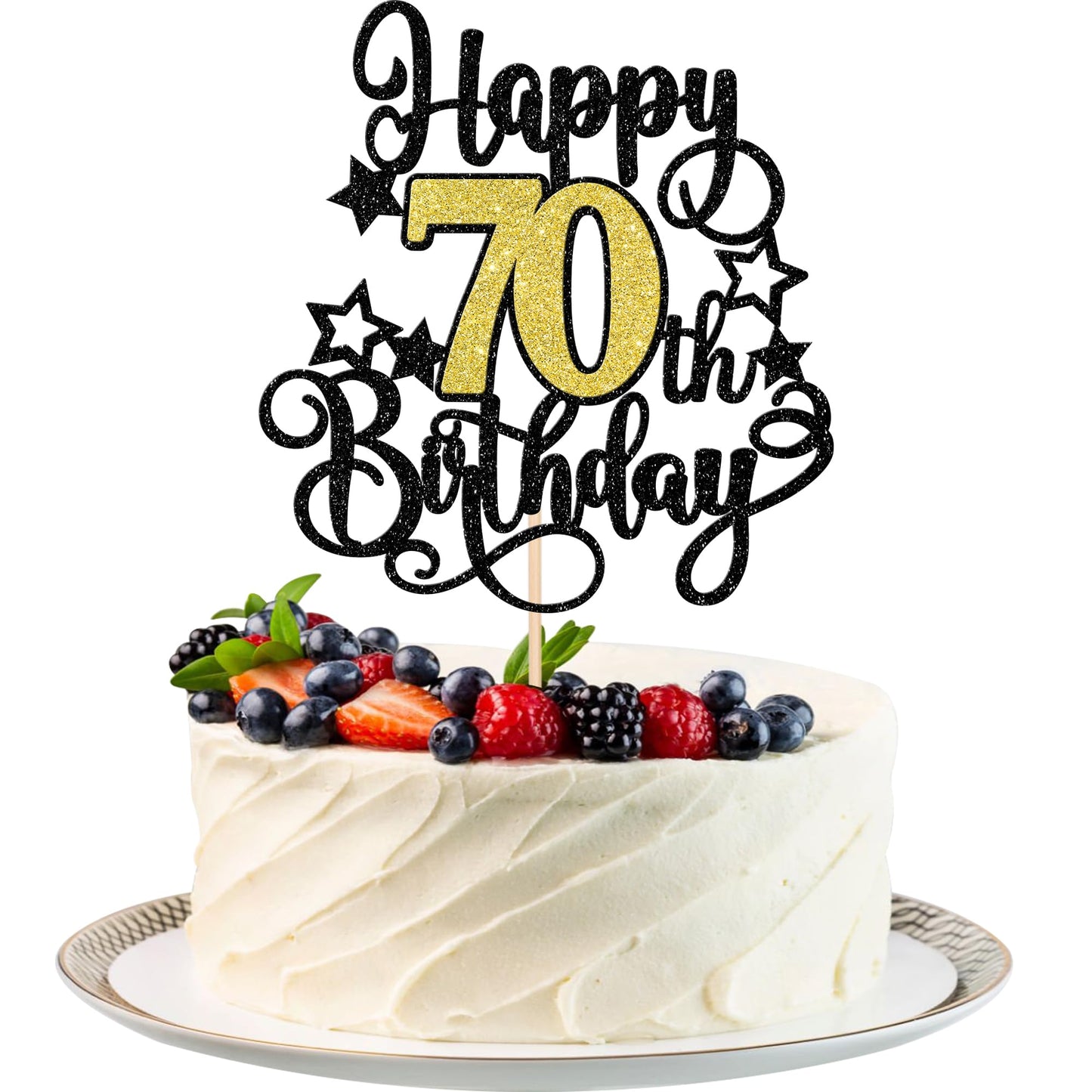 ZHUOWEISM 1-Piece Happy 70th Birthday Cake Topper – Black Gold Glitter, Cheers to 70 Years