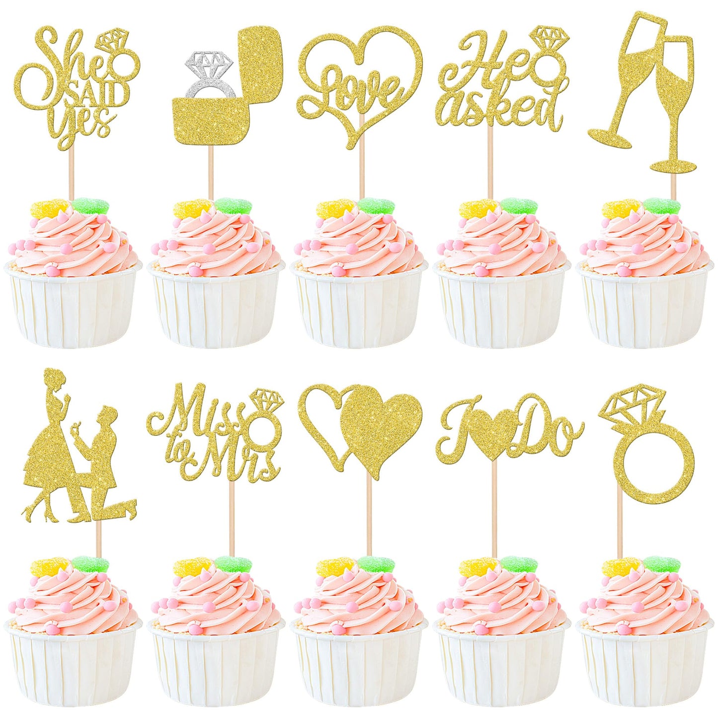ZHUOWEISM 30-Piece Glitter Cupcake Toppers – He Asked She Said Yes | Miss to Mrs I Do Love Heart Ring