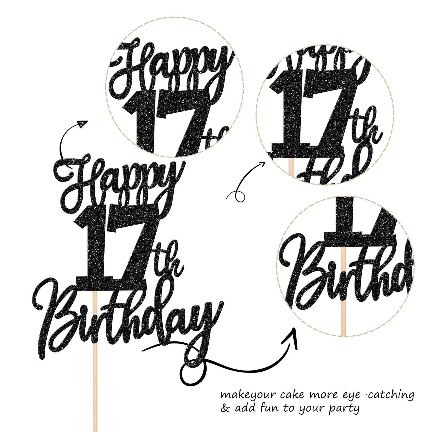 ZHUOWEISM Happy 17th Birthday Cake Topper – Glitter Cheers to 17 Years, Pre-assembled Decoration