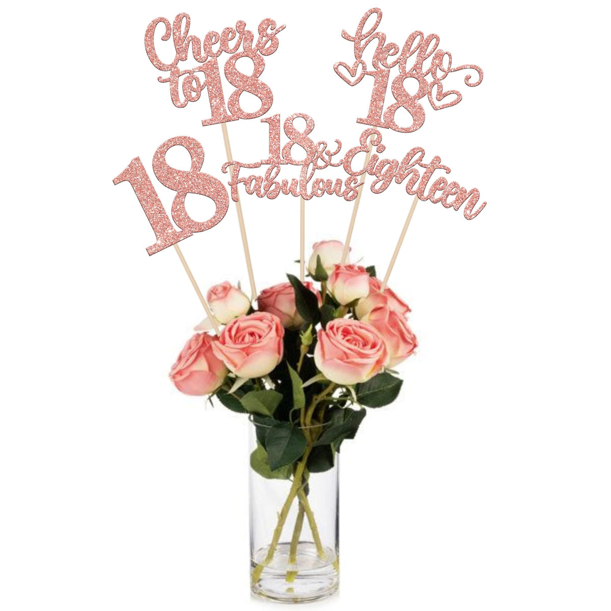 ZHUOWEISM 15Pcs Happy 18th Birthday Centerpiece Sticks – Rose Gold Glitter