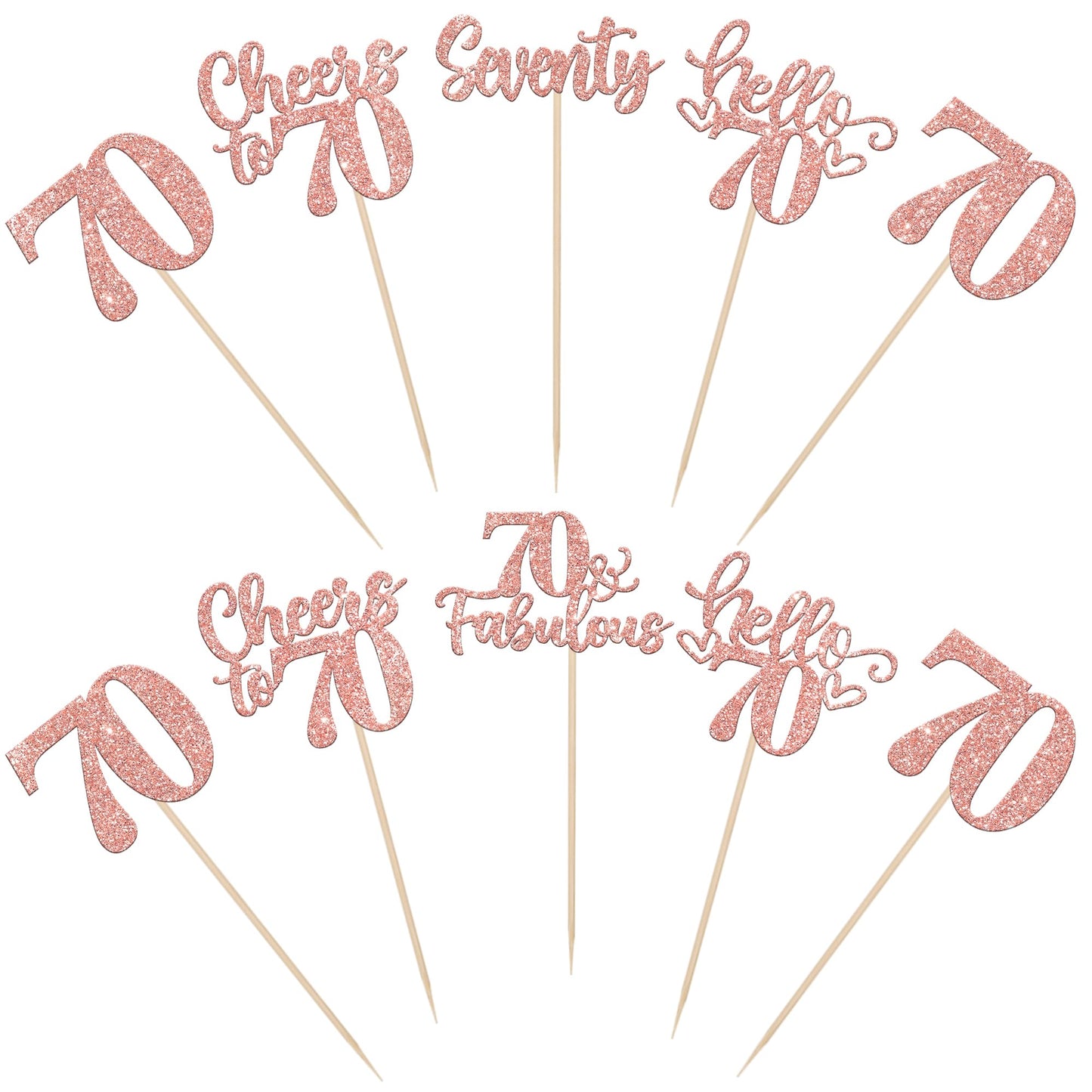 ZHUOWEISM 15-Pack Happy 70th Birthday Centerpiece Sticks – Rose Gold Glitter, 70th Birthday Table Decor