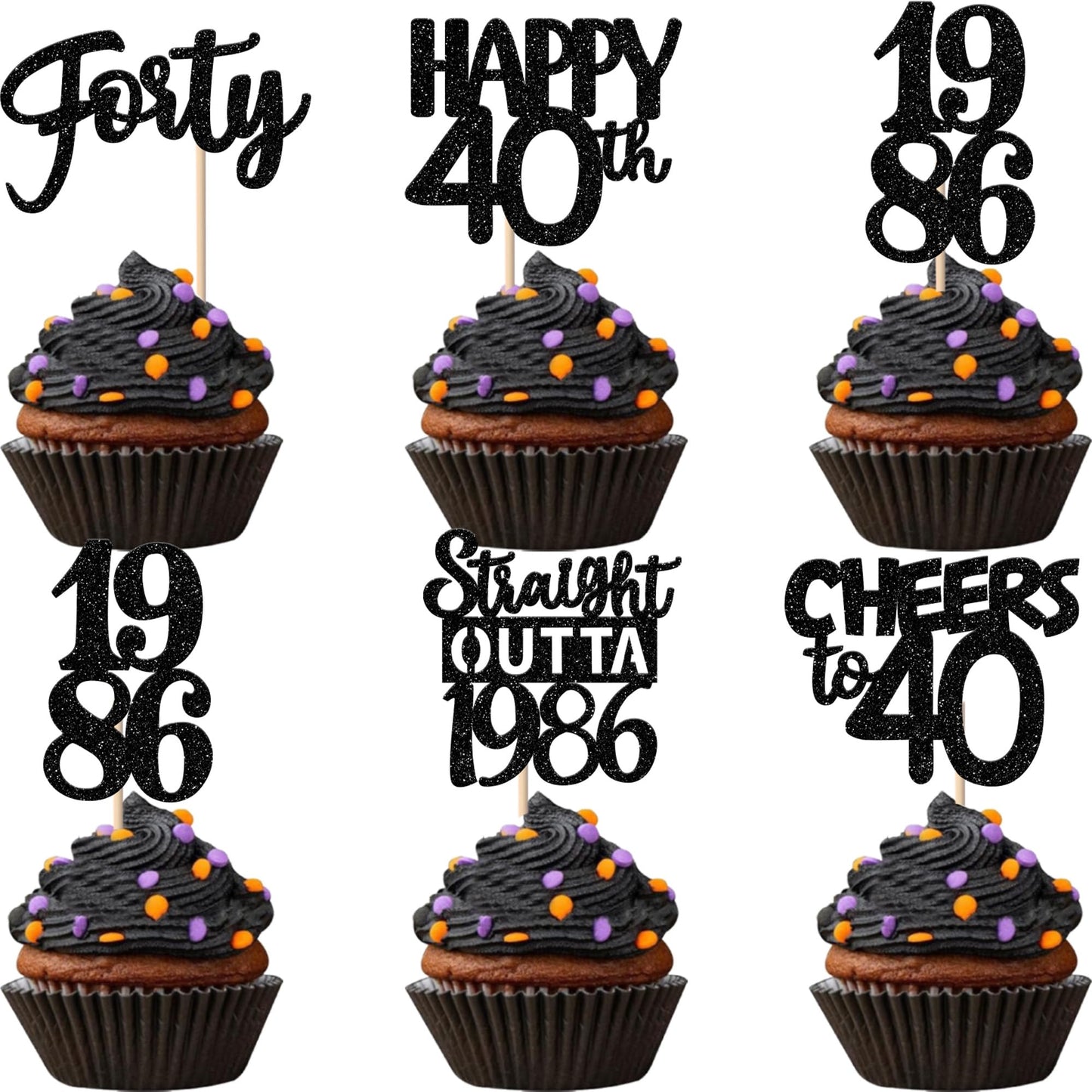 ZHUOWEISM 30pcs Black Glitter Cupcake Toppers - Straight Outta 1986 for 40th Birthday & Anniversary