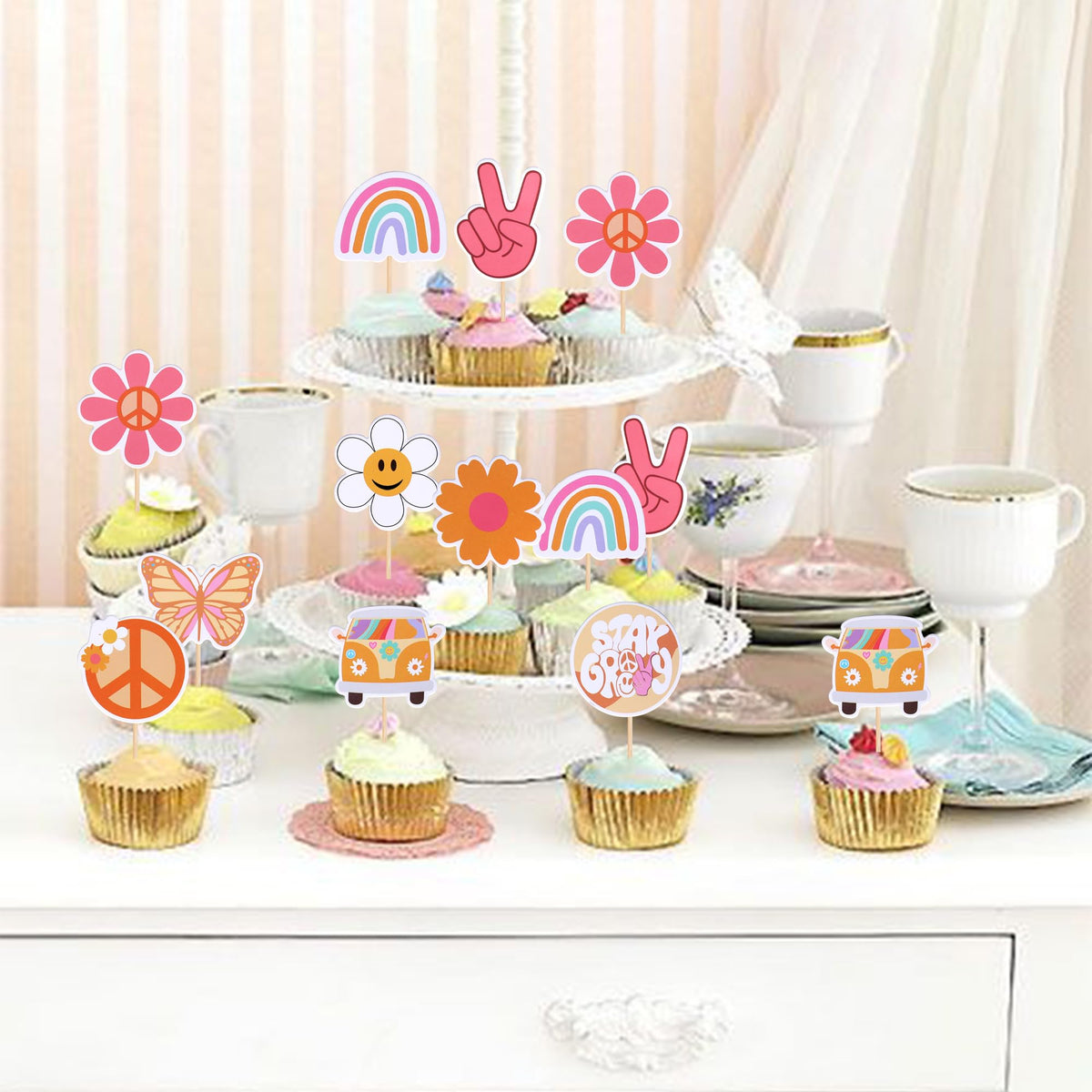 ZHUOWEISM 36 PCS Hippie Cupcake Toppers – Peace Sign, Butterfly, Daisy Flower, 60s Retro Boho Picks