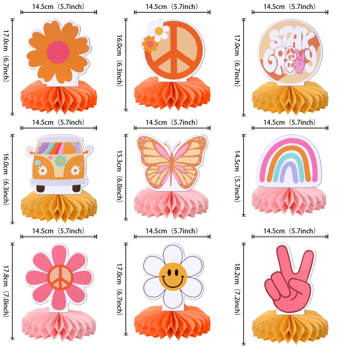 ZHUOWEISM 9-Piece Hippie Honeycomb Centerpieces - Hand Sign Butterfly Daisy 60s Boho Party Decor