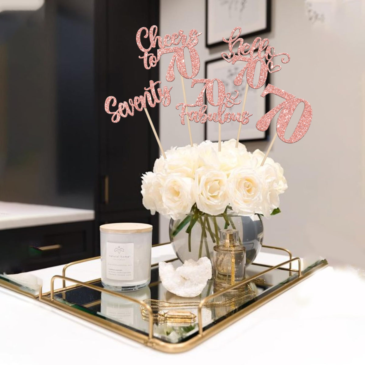 ZHUOWEISM 15-Pack Happy 70th Birthday Centerpiece Sticks – Rose Gold Glitter, 70th Birthday Table Decor