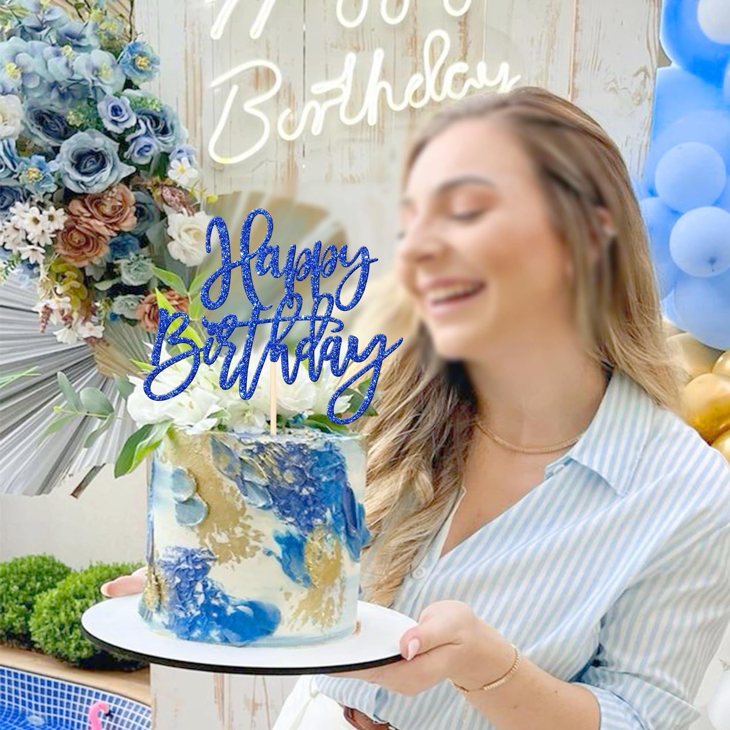 ZHUOWEISM 1-Piece Glitter Happy Birthday Cake Topper – Dark Blue