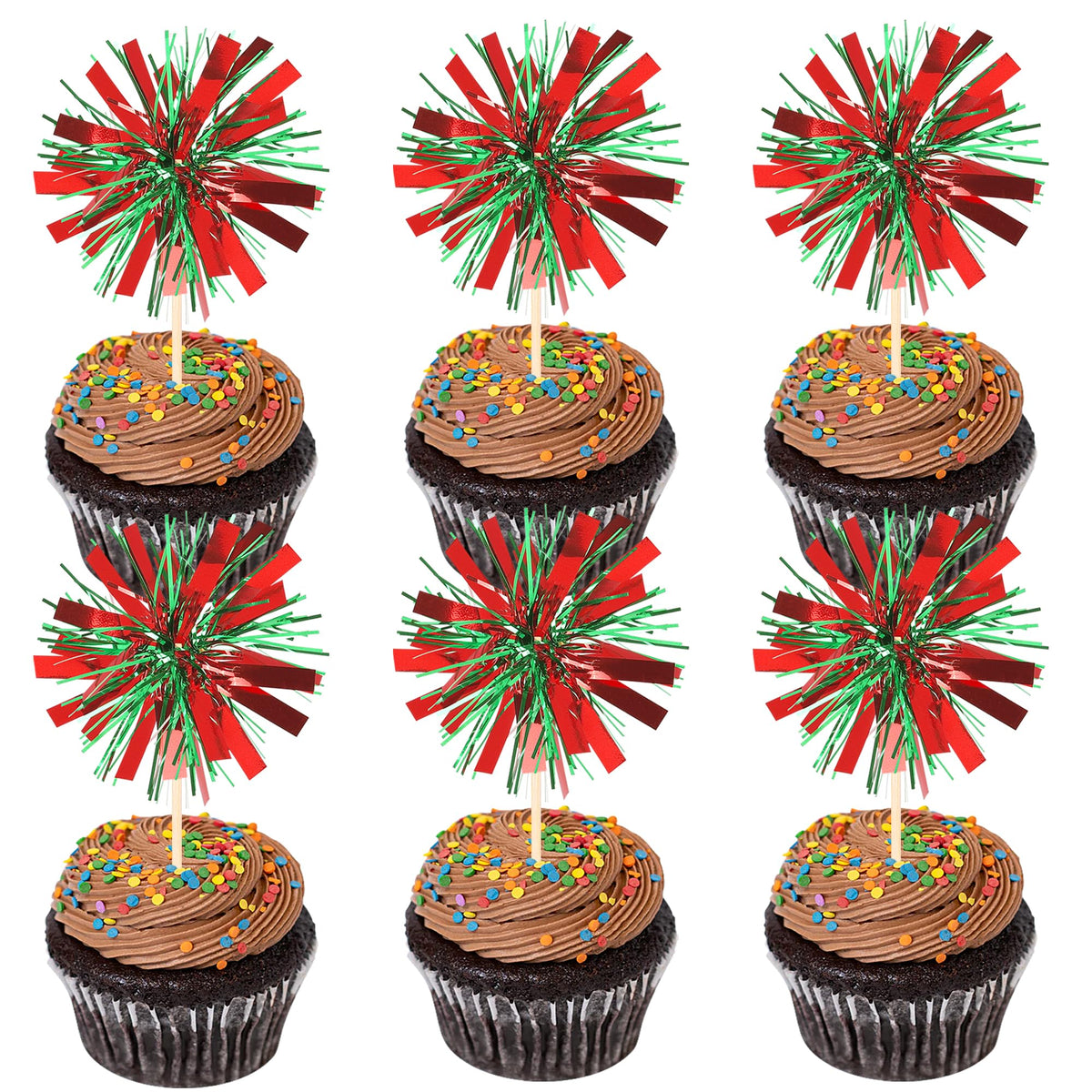 ZHUOWEISM 30 Pcs Foil Firework Cupcake Toppers – Red & Green Sparkle Party Picks, Preassembled Cake Decorations