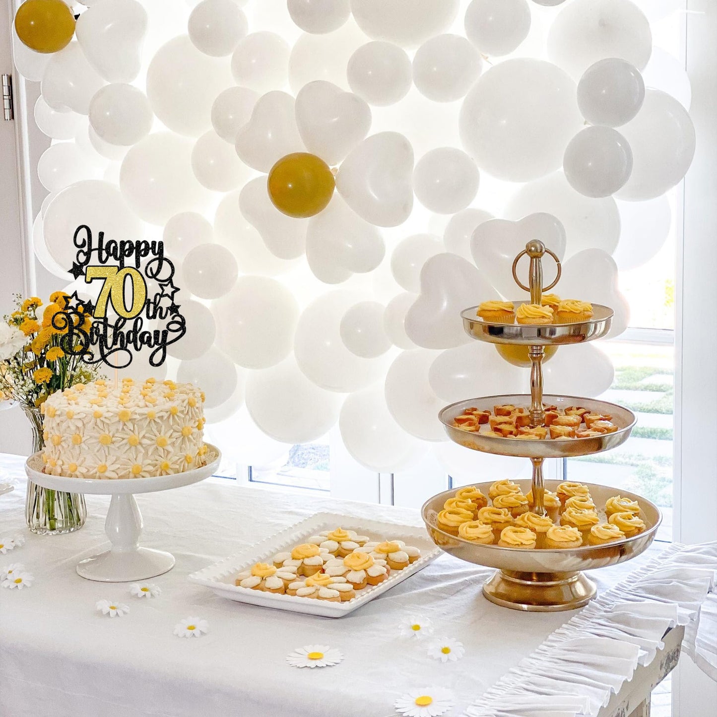 ZHUOWEISM 1-Piece Happy 70th Birthday Cake Topper – Black Gold Glitter, Cheers to 70 Years