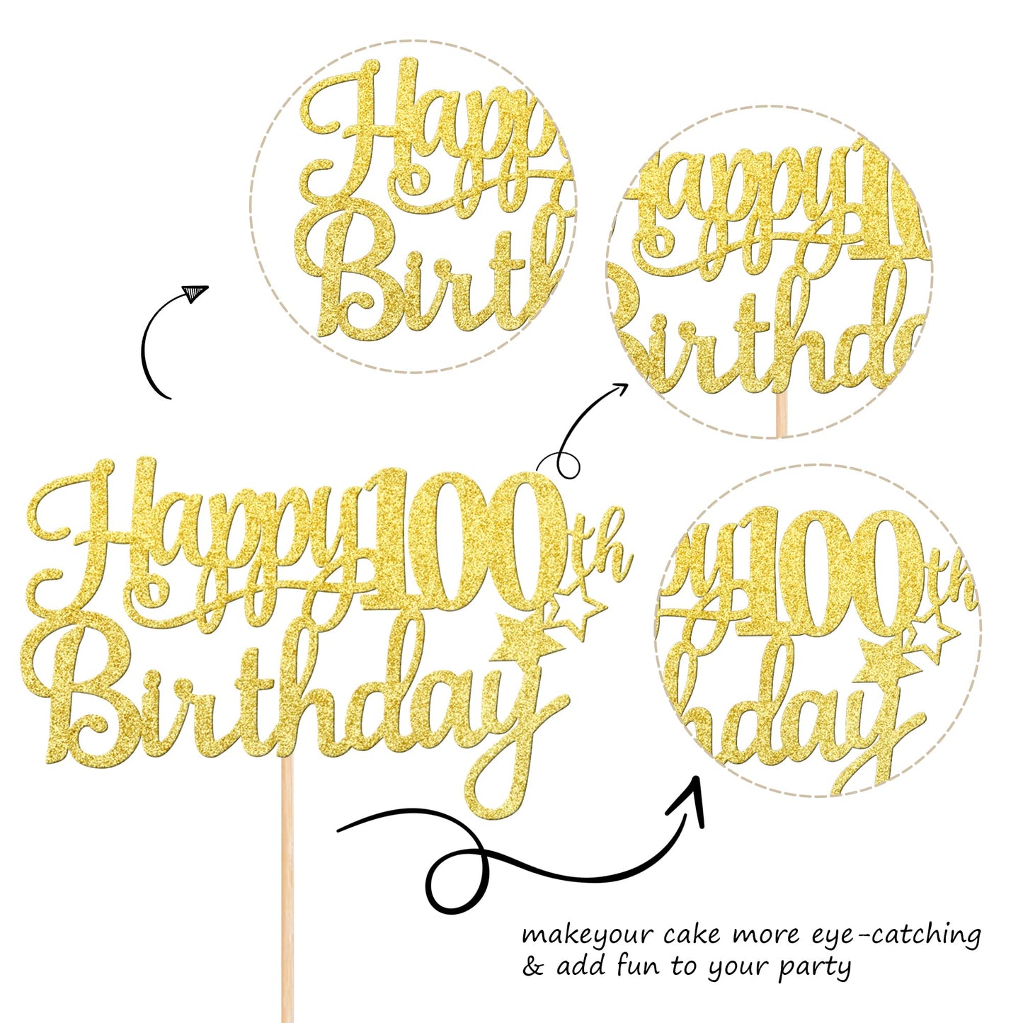 ZHUOWEISM Happy 100th Birthday Cake Topper - Gold Glitter