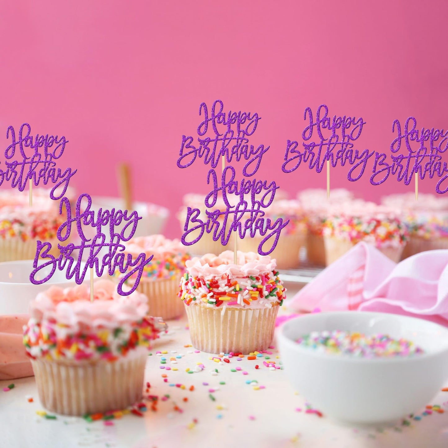 ZHUOWEISM 24 PCS Glitter Happy Birthday Cupcake Toppers – Purple Party Picks