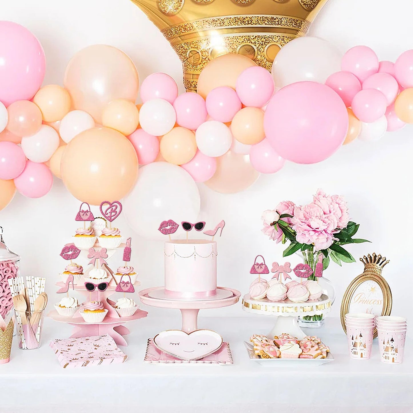 ZHUOWEISM 24 Princess Cupcake Toppers – Glitter Pink Party Picks