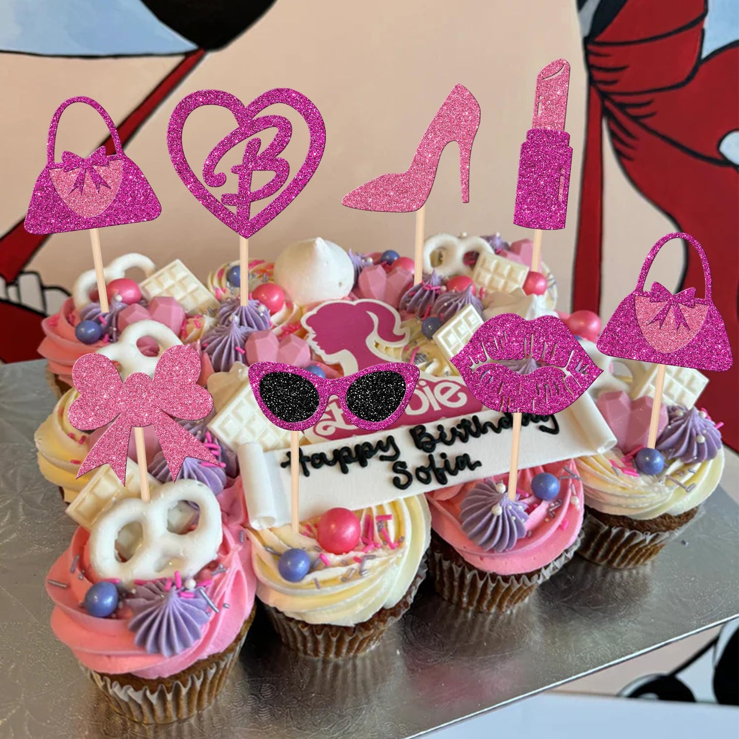 ZHUOWEISM 24 Pcs Princess Cupcake Toppers Glitter Pink – Handbag, Lipstick, High Heel Party Decor
