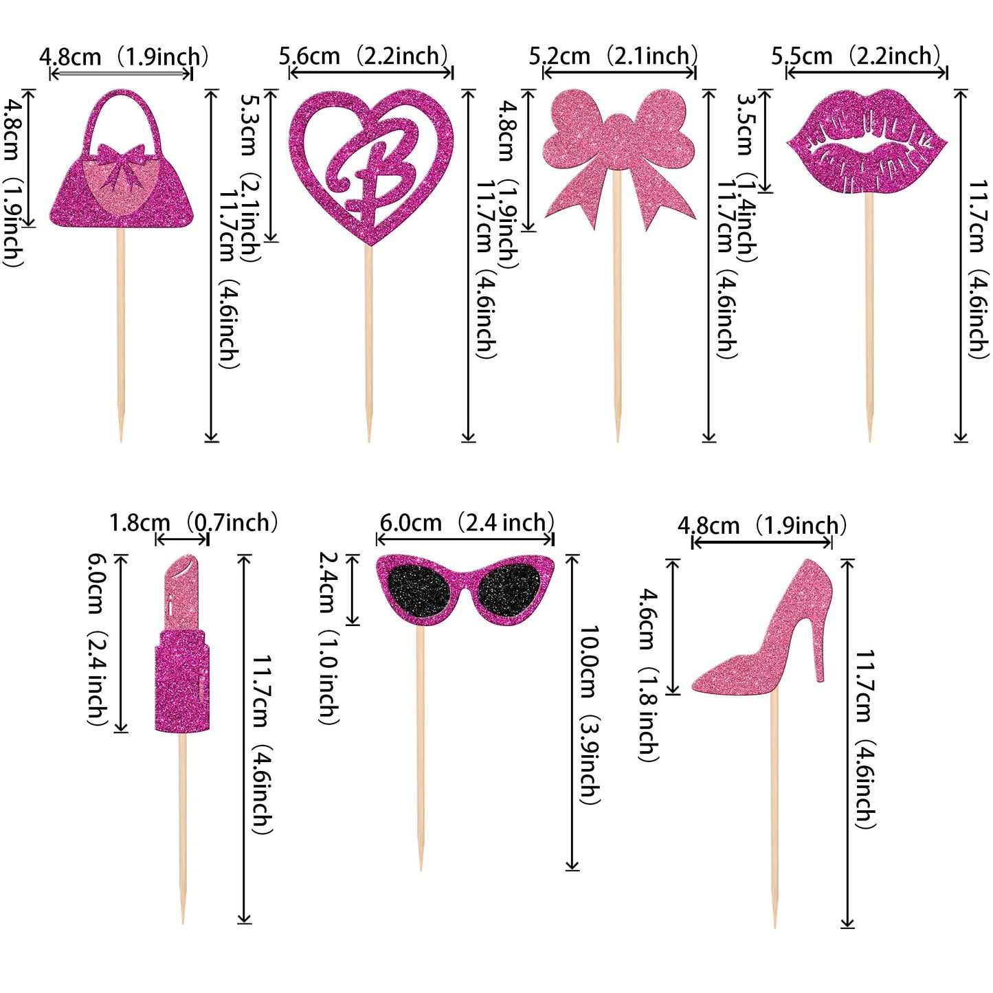 ZHUOWEISM 24 Pcs Princess Cupcake Toppers Glitter Pink – Handbag, Lipstick, High Heel Party Decor