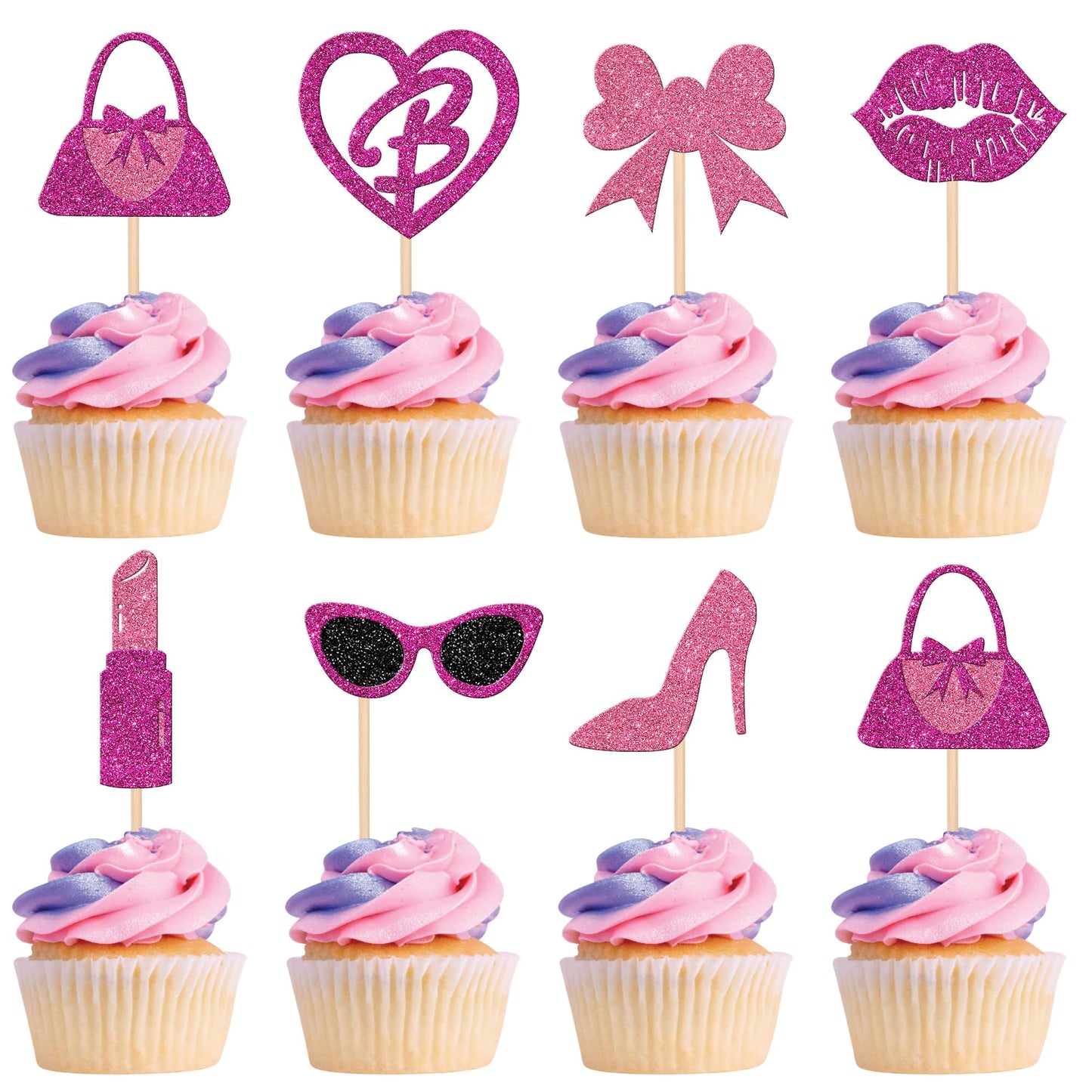ZHUOWEISM 24 Pcs Princess Cupcake Toppers Glitter Pink – Handbag, Lipstick, High Heel Party Decor