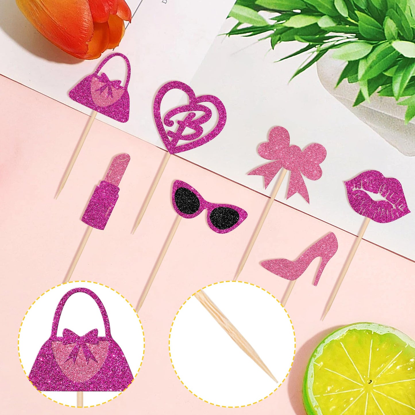 ZHUOWEISM 24 Pcs Princess Cupcake Toppers Glitter Pink – Handbag, Lipstick, High Heel Party Decor