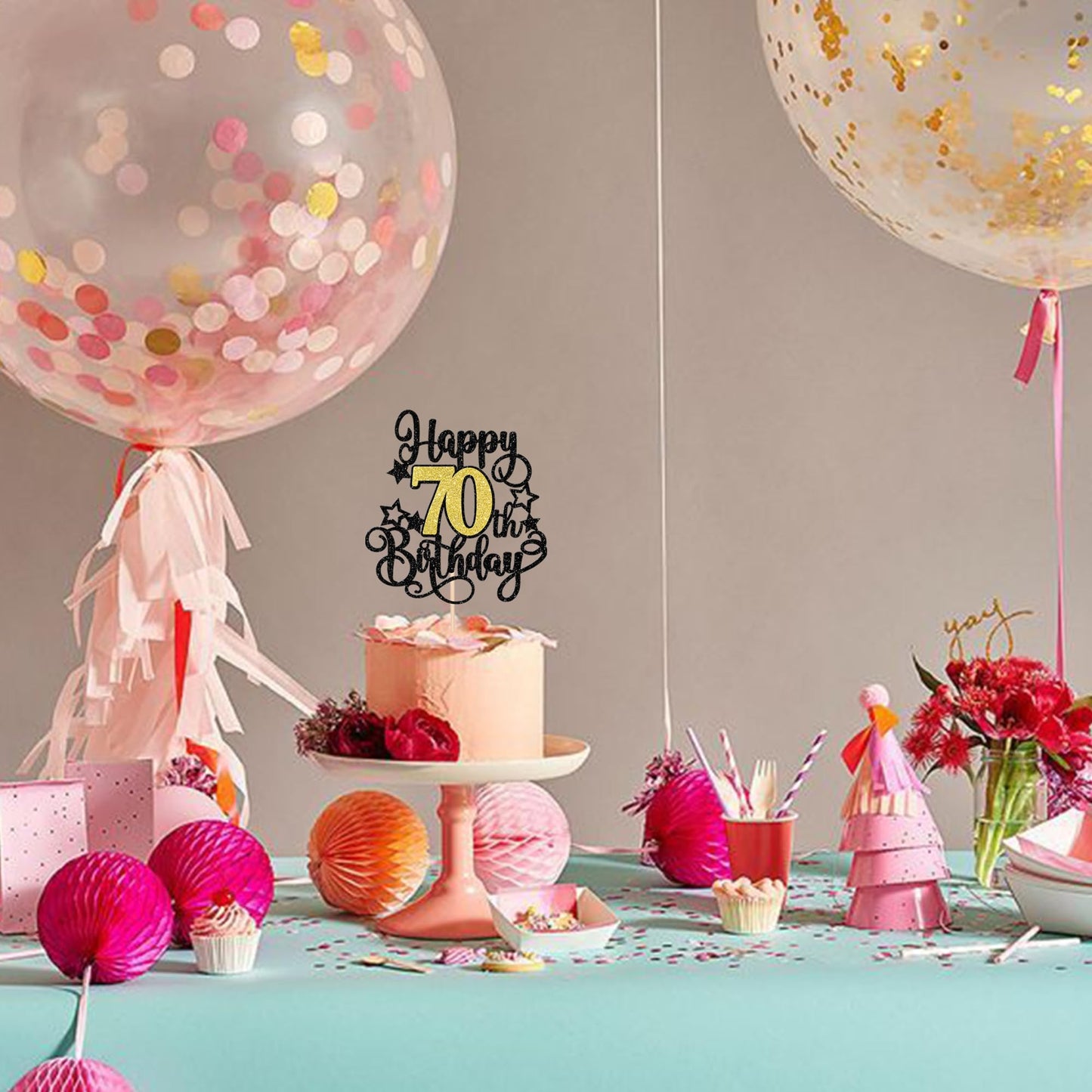 ZHUOWEISM 1-Piece Happy 70th Birthday Cake Topper – Black Gold Glitter, Cheers to 70 Years