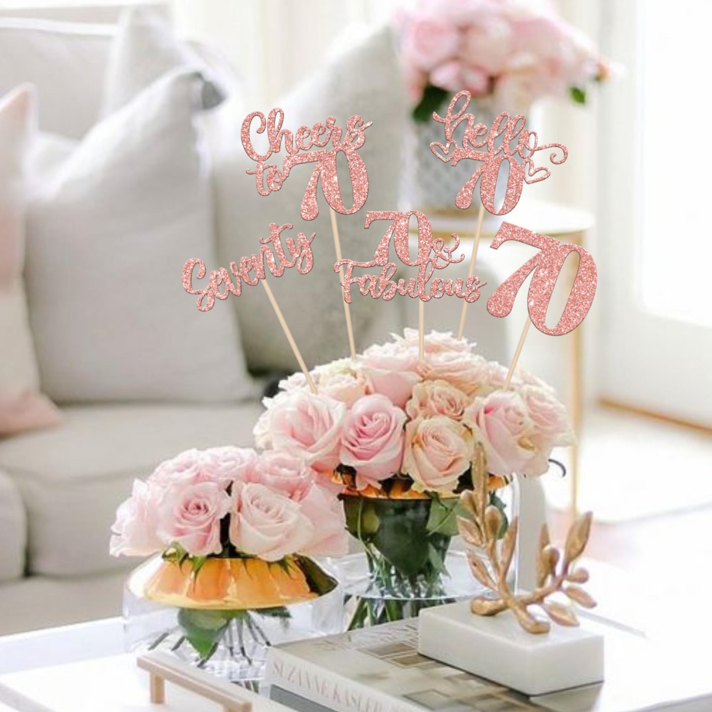 ZHUOWEISM 15-Pack Happy 70th Birthday Centerpiece Sticks – Rose Gold Glitter, 70th Birthday Table Decor