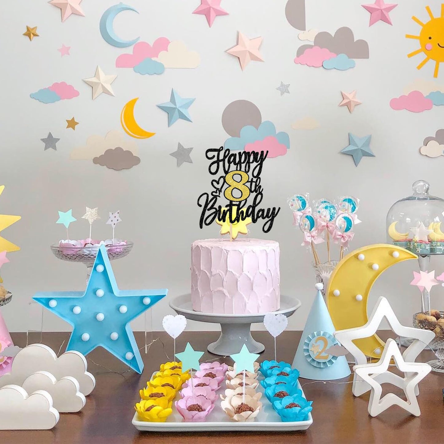 ZHUOWEISM Happy 8th Birthday Cake Topper – Black Gold Glitter Cheers to 8 Years