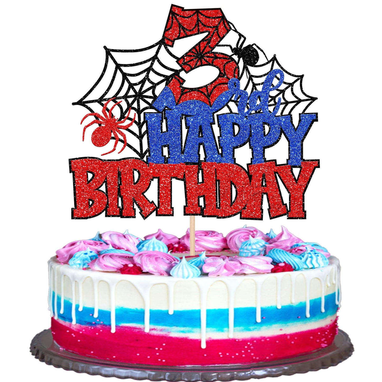 ZHUOWEISM 3rd Birthday Glitter Spider Web Cake Topper – Pre-assembled, 6.5x9 in
