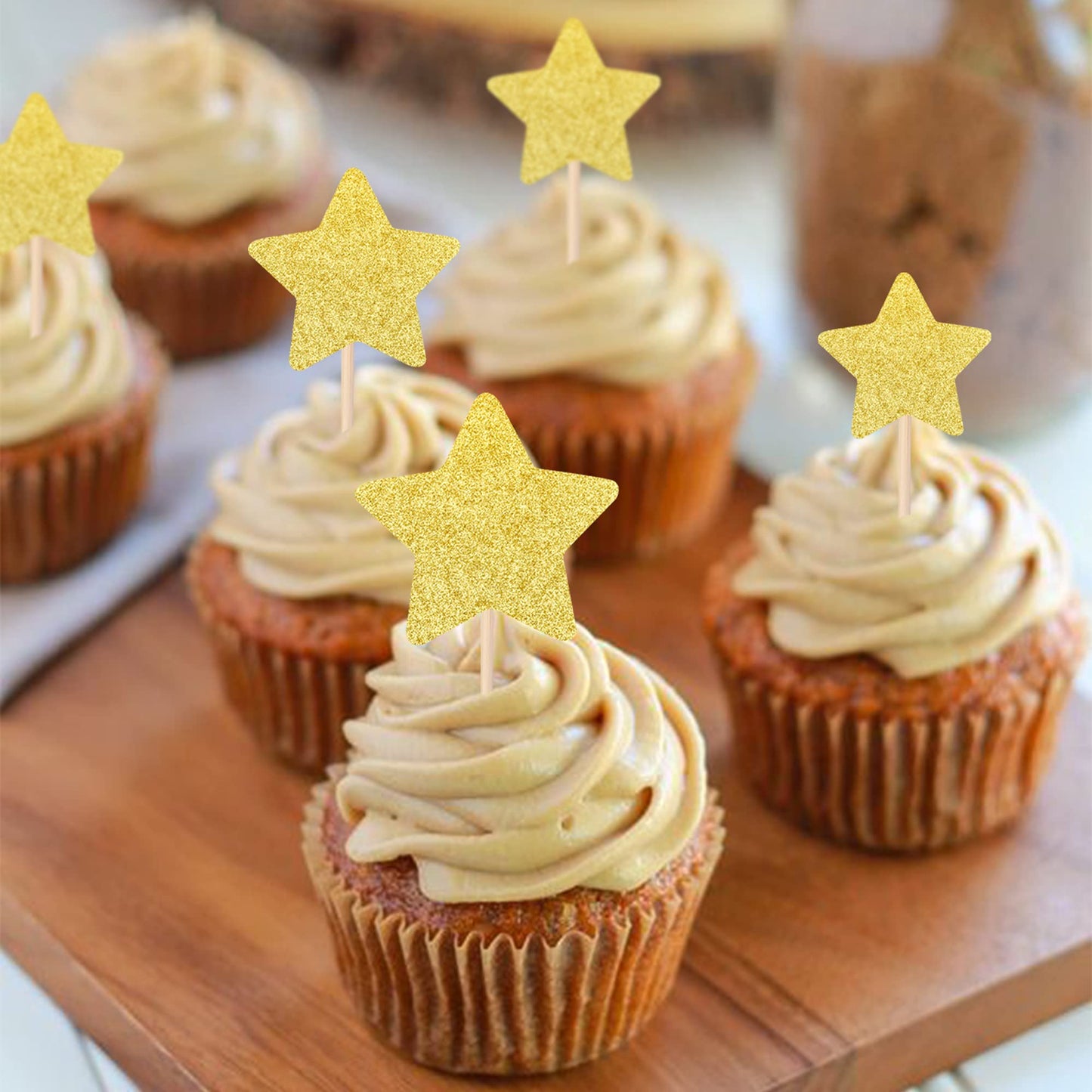 ZHUOWEISM 30 Pcs Gold Glitter Star Cupcake Toppers – Wedding & Party Decor