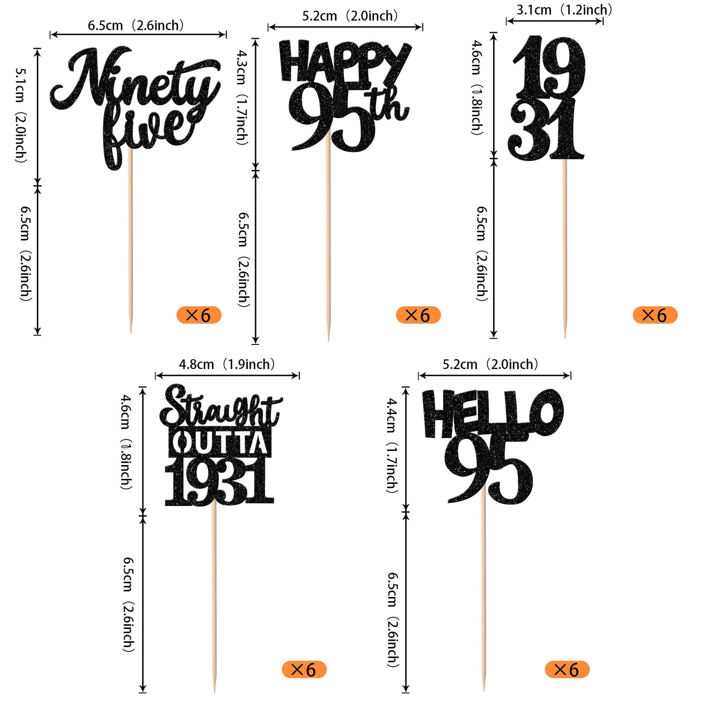 ZHUOWEISM 30-Pack Black 95th Birthday Cupcake Toppers – Glitter Nighty Five, Straight Outta 1931 Party Picks