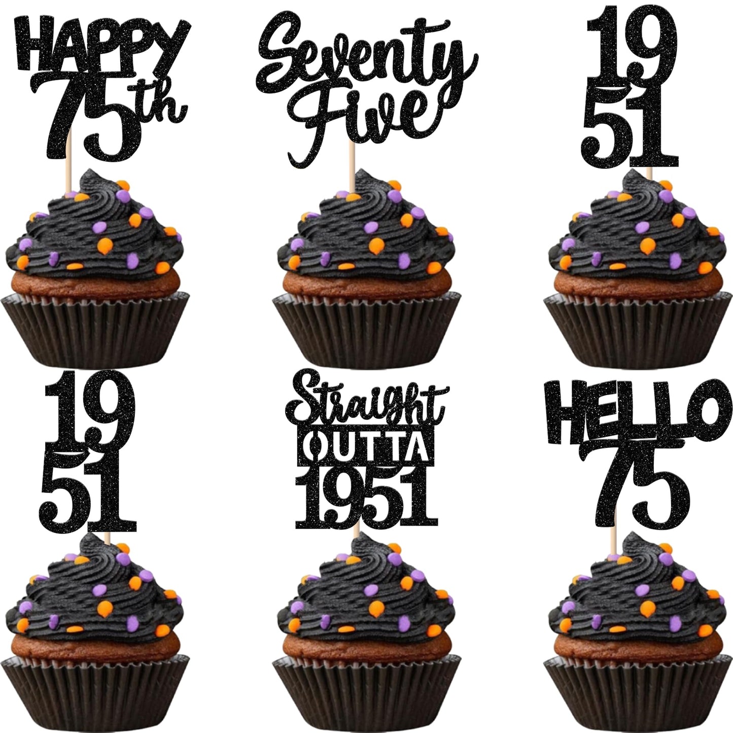 ZHUOWEISM 30Pcs Black Glitter 75th Birthday Cupcake Toppers – Straight Outta 1951 Party Picks