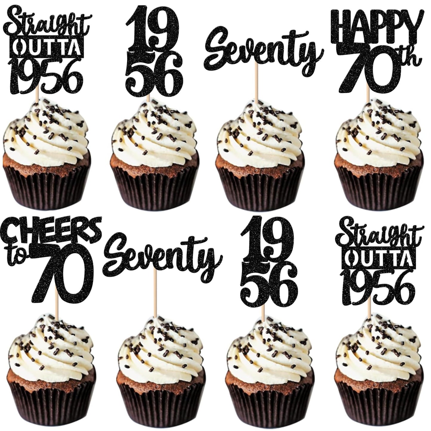 ZHUOWEISM 30Pcs Black Glitter 70th Birthday Cupcake Toppers – Straight Outta 1956