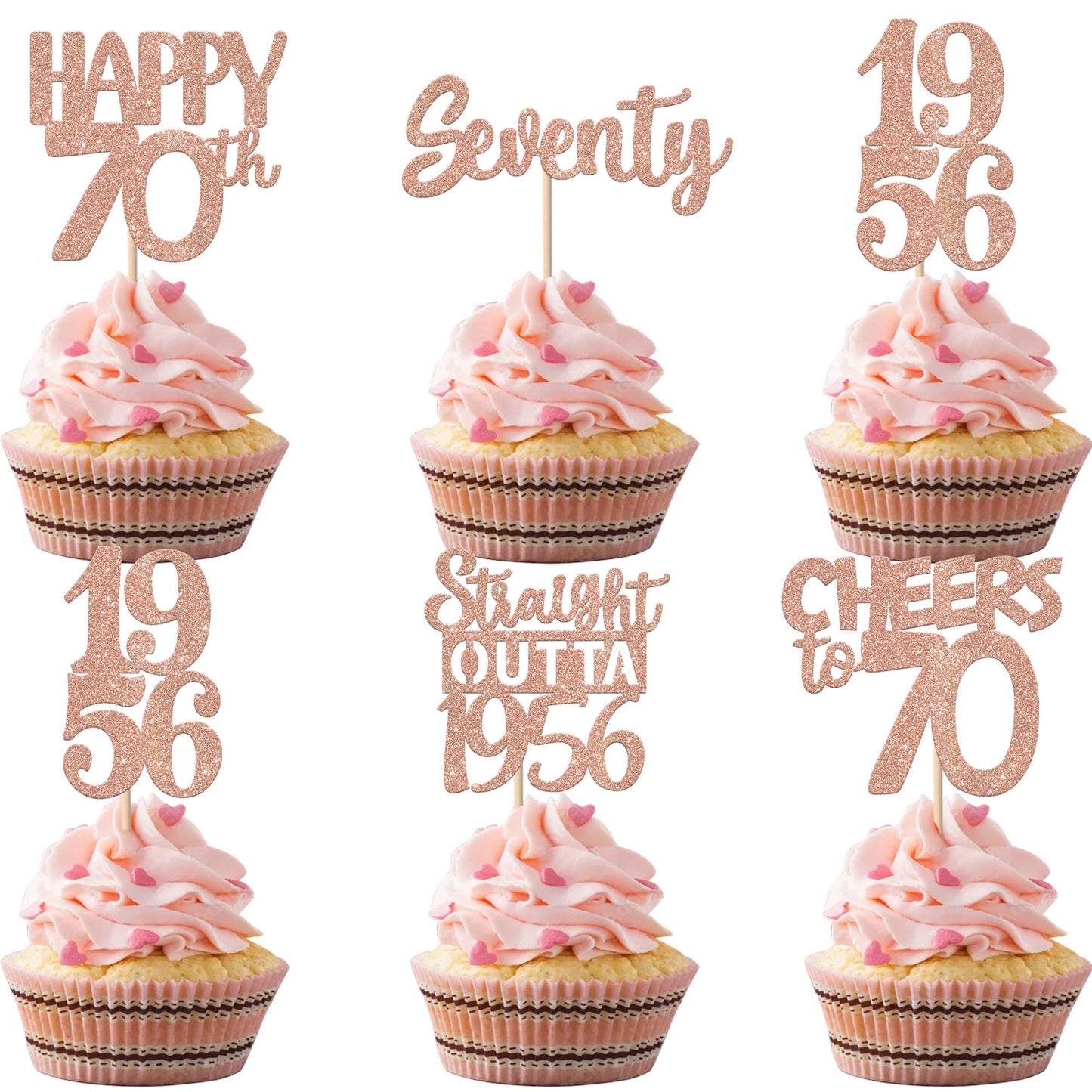 ZHUOWEISM 30PCS 70th Birthday Cupcake Toppers – Glitter Rose Gold, Straight Outta 1956