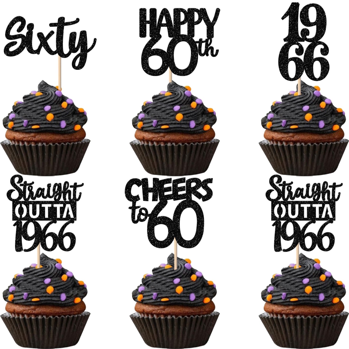 ZHUOWEISM 30Pcs Black Glitter Cupcake Toppers — Straight Outta 1966, 60th Birthday & Anniversary