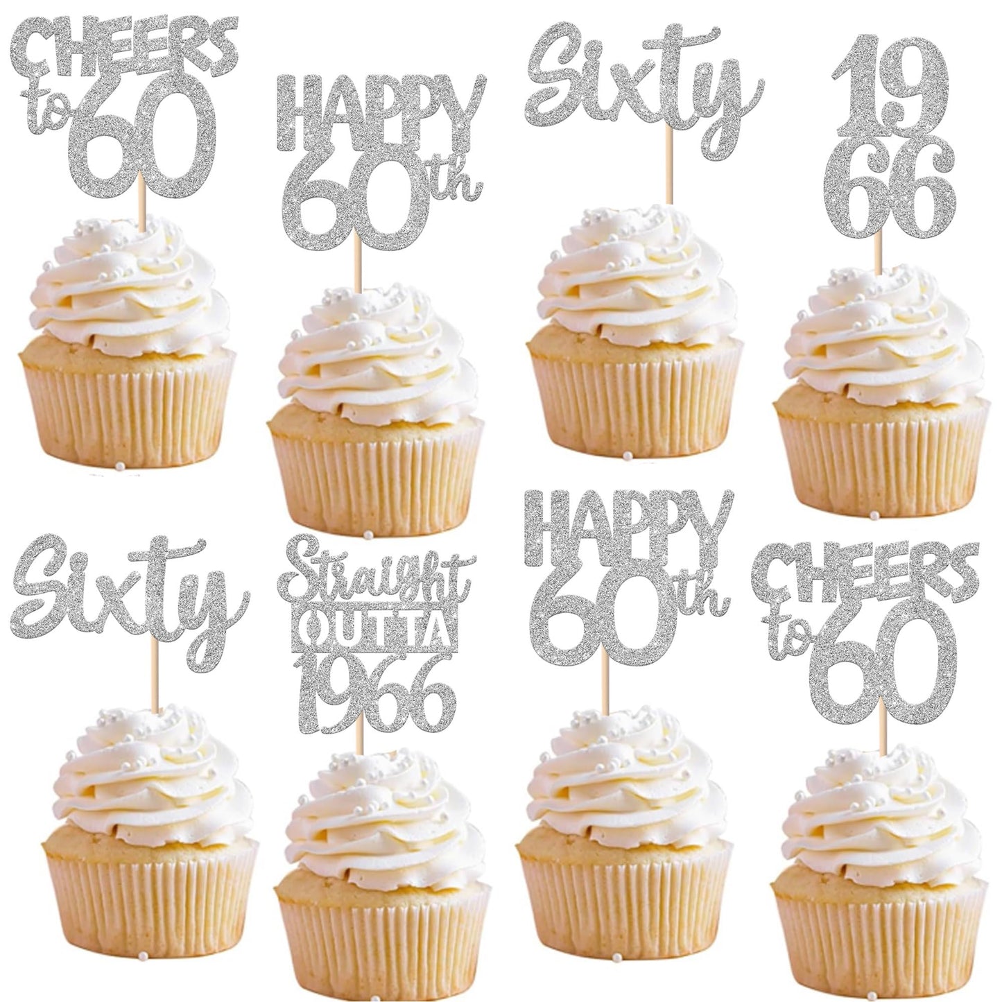 ZHUOWEISM 30Pcs 60th Birthday Cupcake Toppers Glitter Silver – Straight Outta 1966