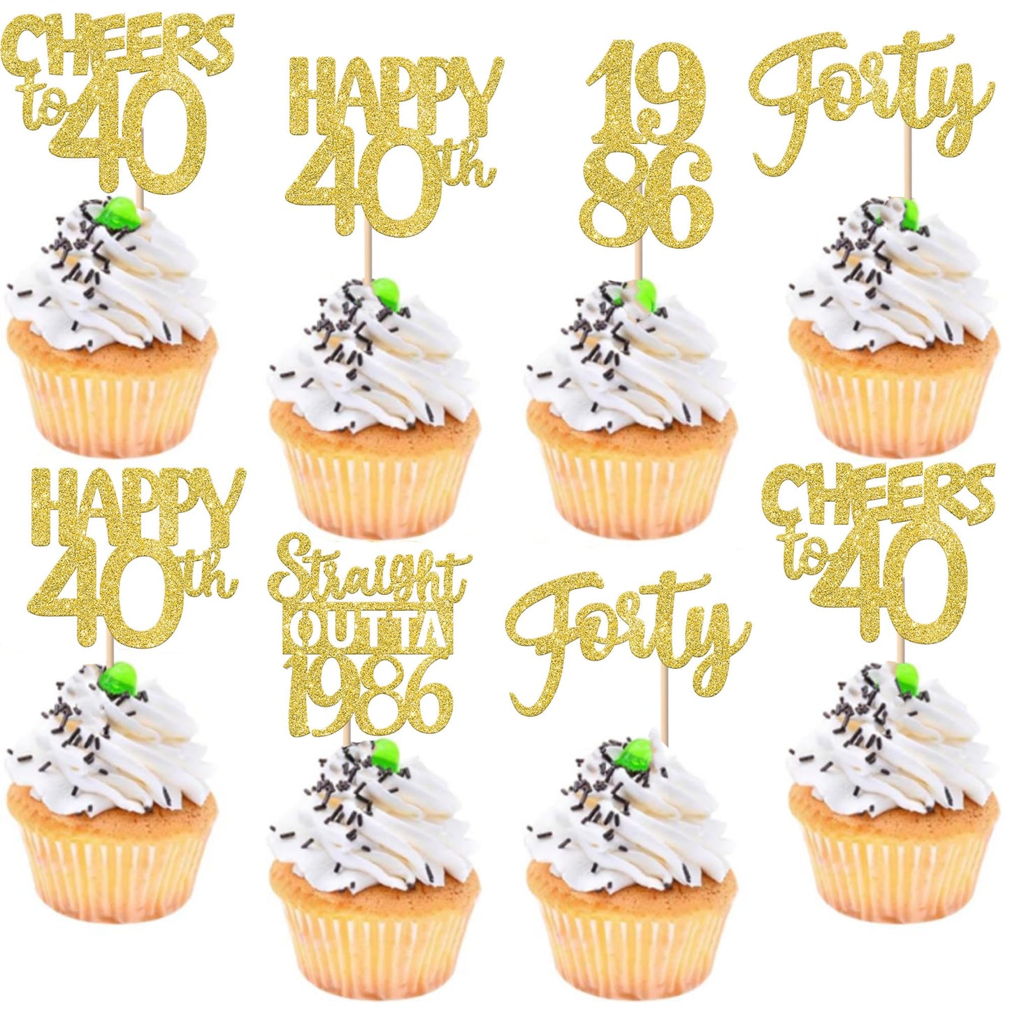 ZHUOWEISM 30PCS Straight Outta 1986 Gold Glitter Cupcake Toppers – 40th Birthday Party Decorations