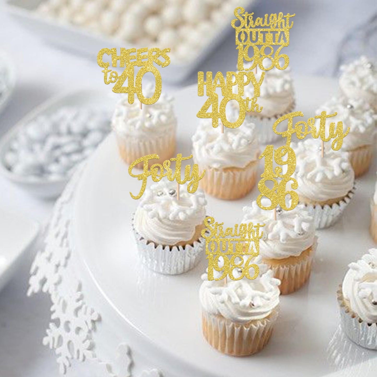 ZHUOWEISM 30PCS Straight Outta 1986 Gold Glitter Cupcake Toppers – 40th Birthday Party Decorations