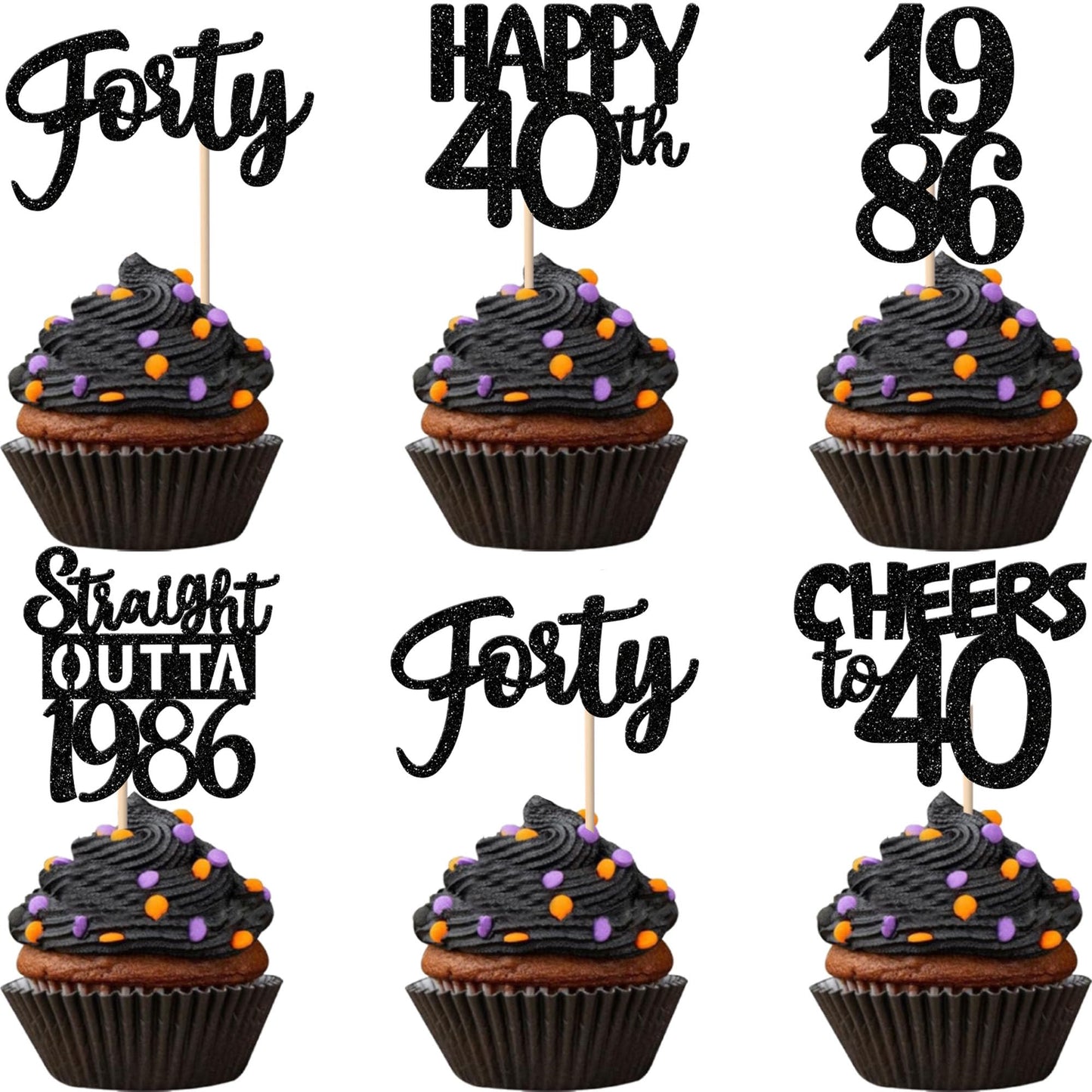 ZHUOWEISM 30pcs Black Glitter Cupcake Toppers - Straight Outta 1986 for 40th Birthday & Anniversary