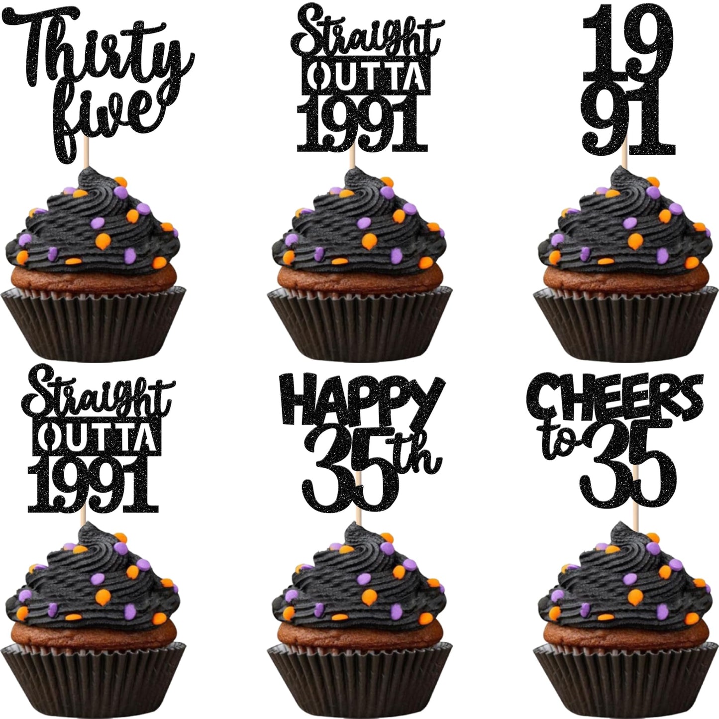 ZHUOWEISM 30Pcs Black Glitter Cupcake Toppers | Straight Outta 1991 35th Birthday Party Decorations