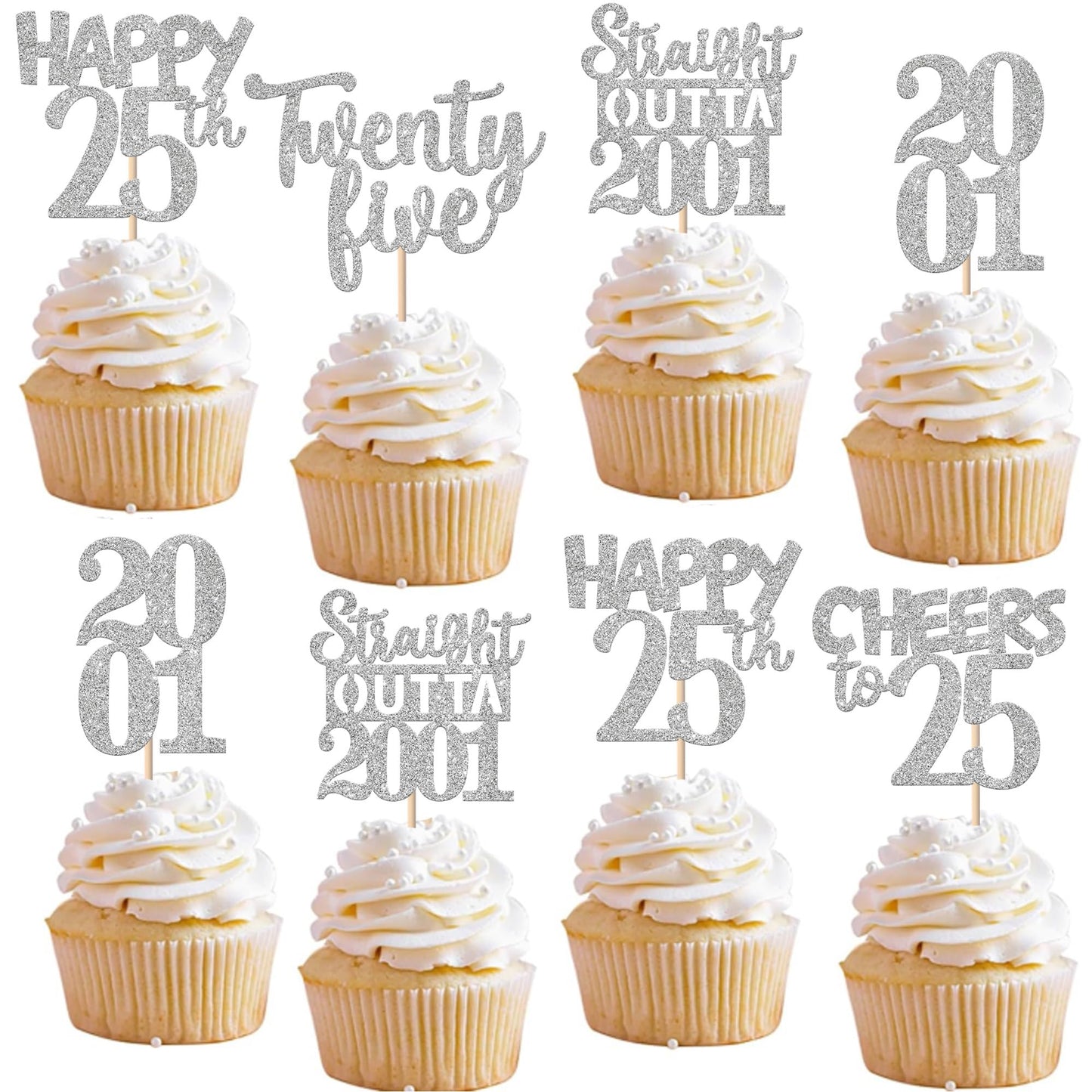 ZHUOWEISM 30Pcs Straight Outta 2001 Cupcake Toppers – Glitter 25th Birthday Picks, Silver