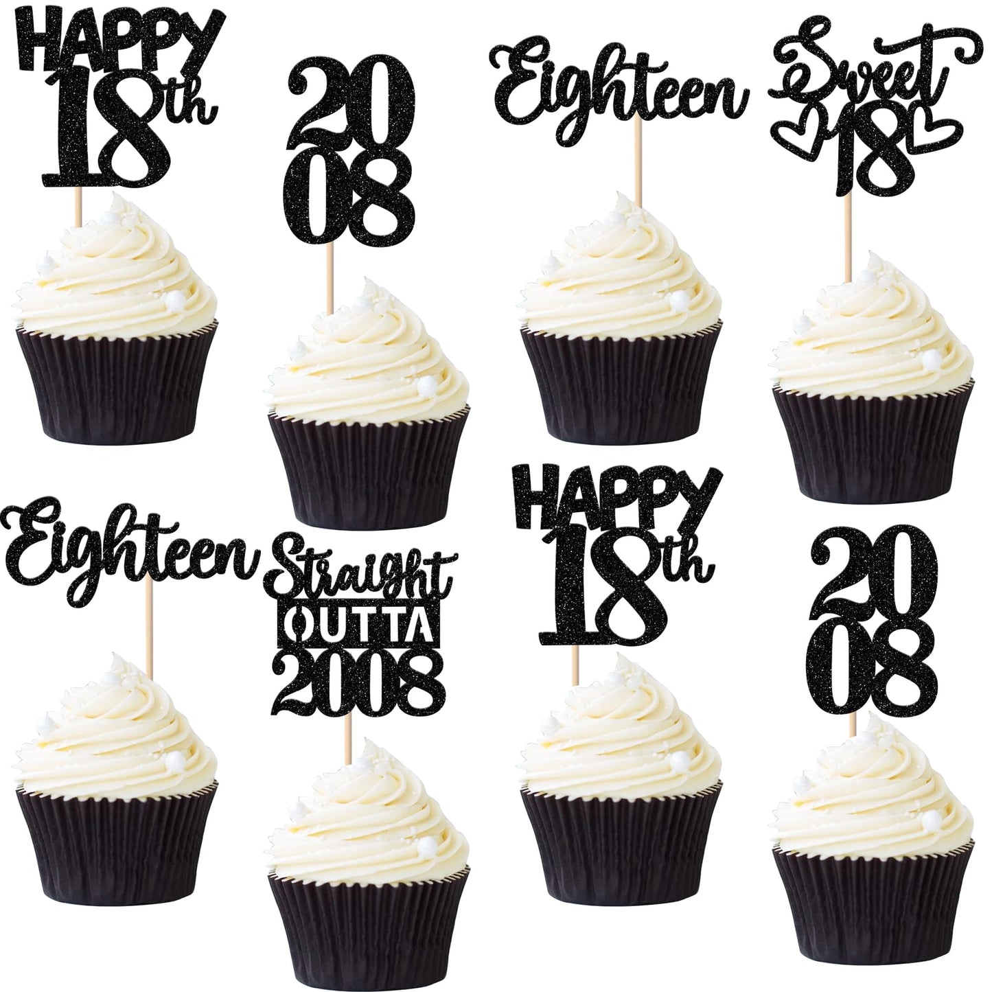 ZHUOWEISM 30Pcs Black Glitter 18th Birthday Cupcake Toppers — Straight Outta 2008 Party Decor