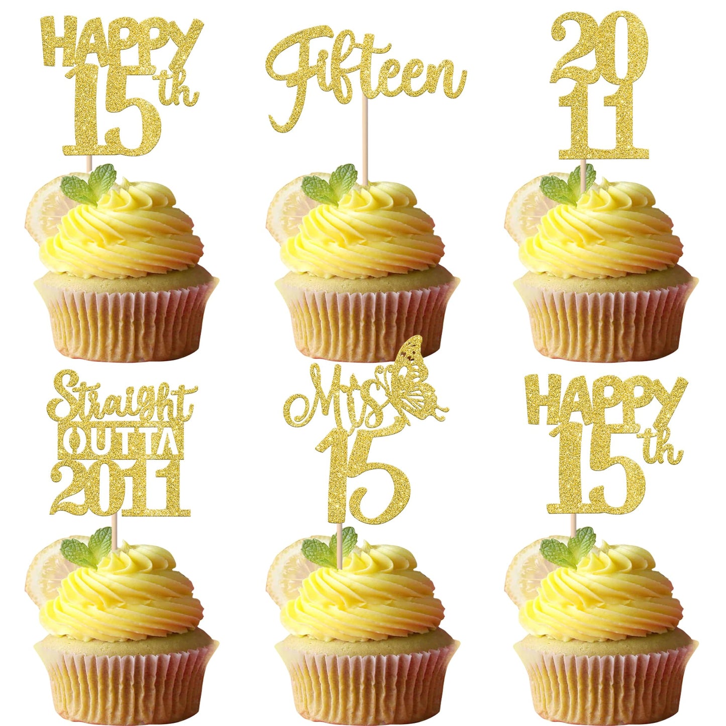 ZHUOWEISM 30Pcs Straight Outta 2011 Cupcake Toppers – Gold Glitter for 15th Birthday