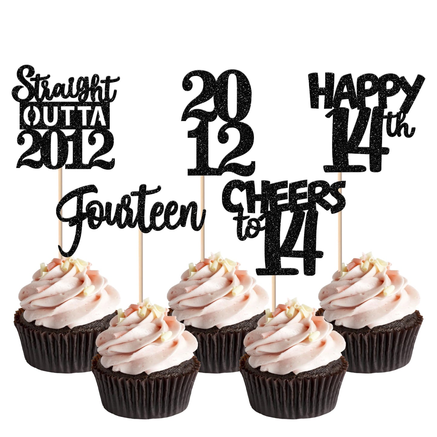 ZHUOWEISM 30pcs Black Glitter Cupcake Toppers – Straight Outta 2012 for 14th Birthday & Anniversary