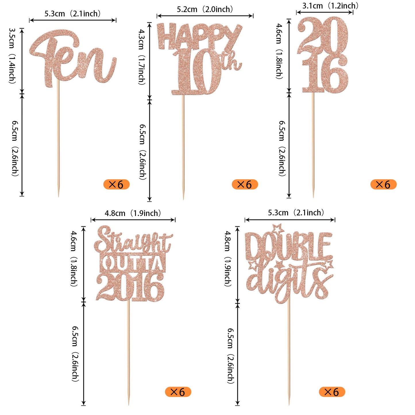 ZHUOWEISM 30Pcs Glitter Ten Happy 10th Birthday Cupcake Toppers, Straight Outta 2016, Rose Gold