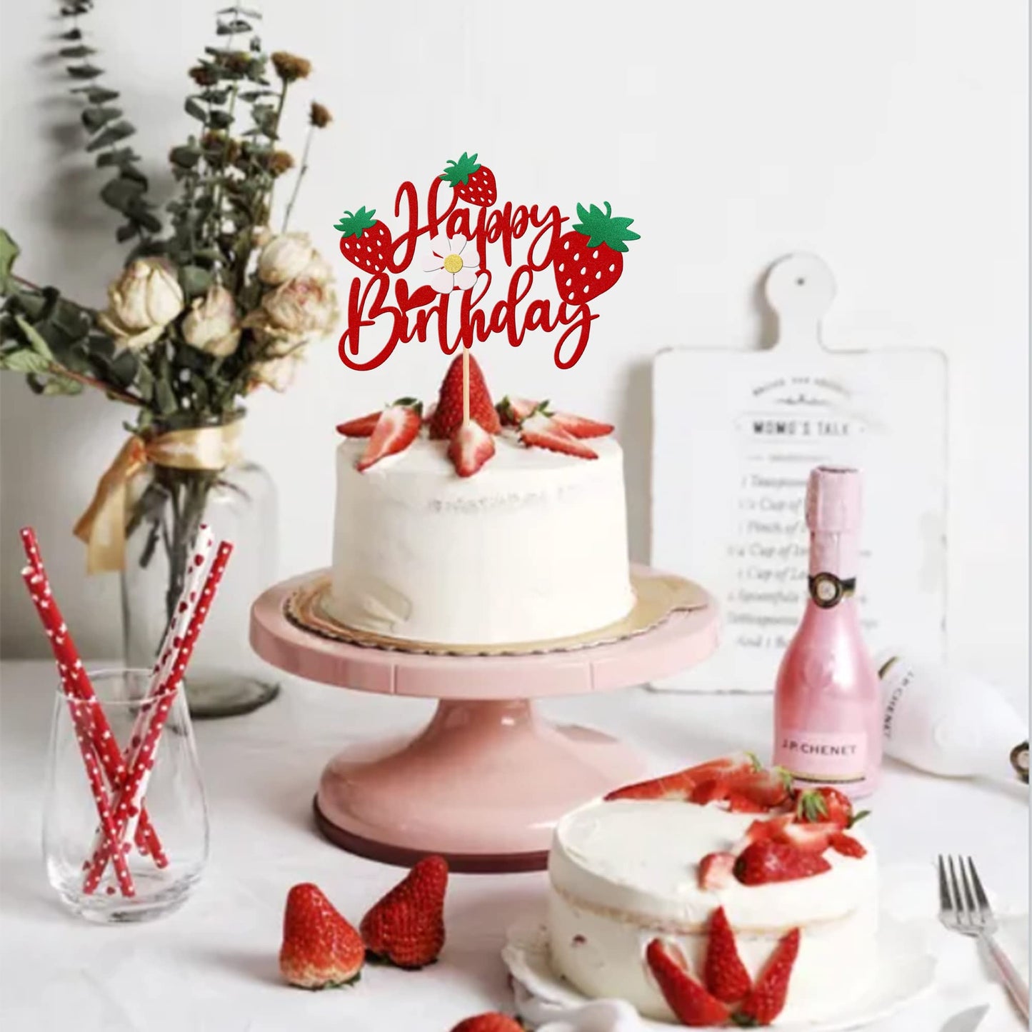 ZHUOWEISM Strawberry Happy Birthday Cake Topper – Glitter Flower, Fruit Theme Decoration