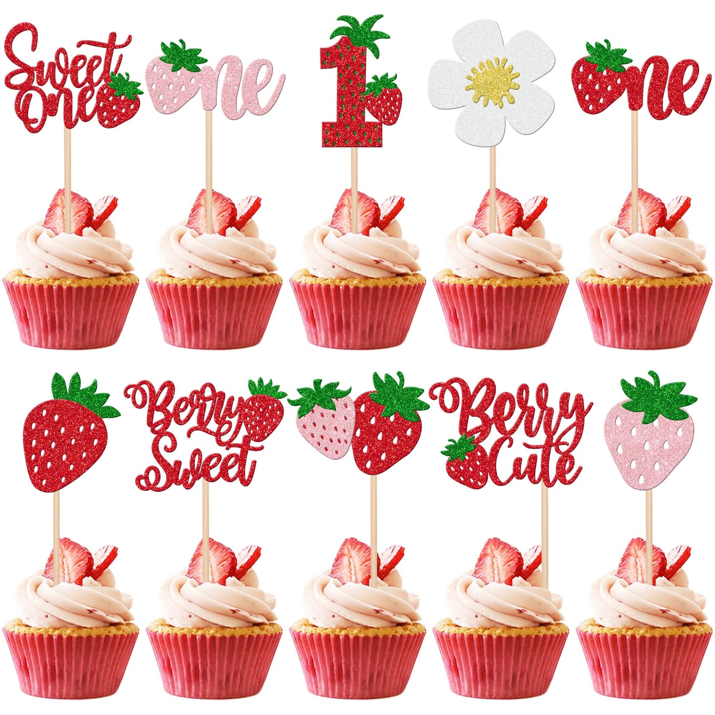 ZHUOWEISM 30 Pcs Sweet One Strawberry Cupcake Toppers – Glitter Berry Birthday Party Decor